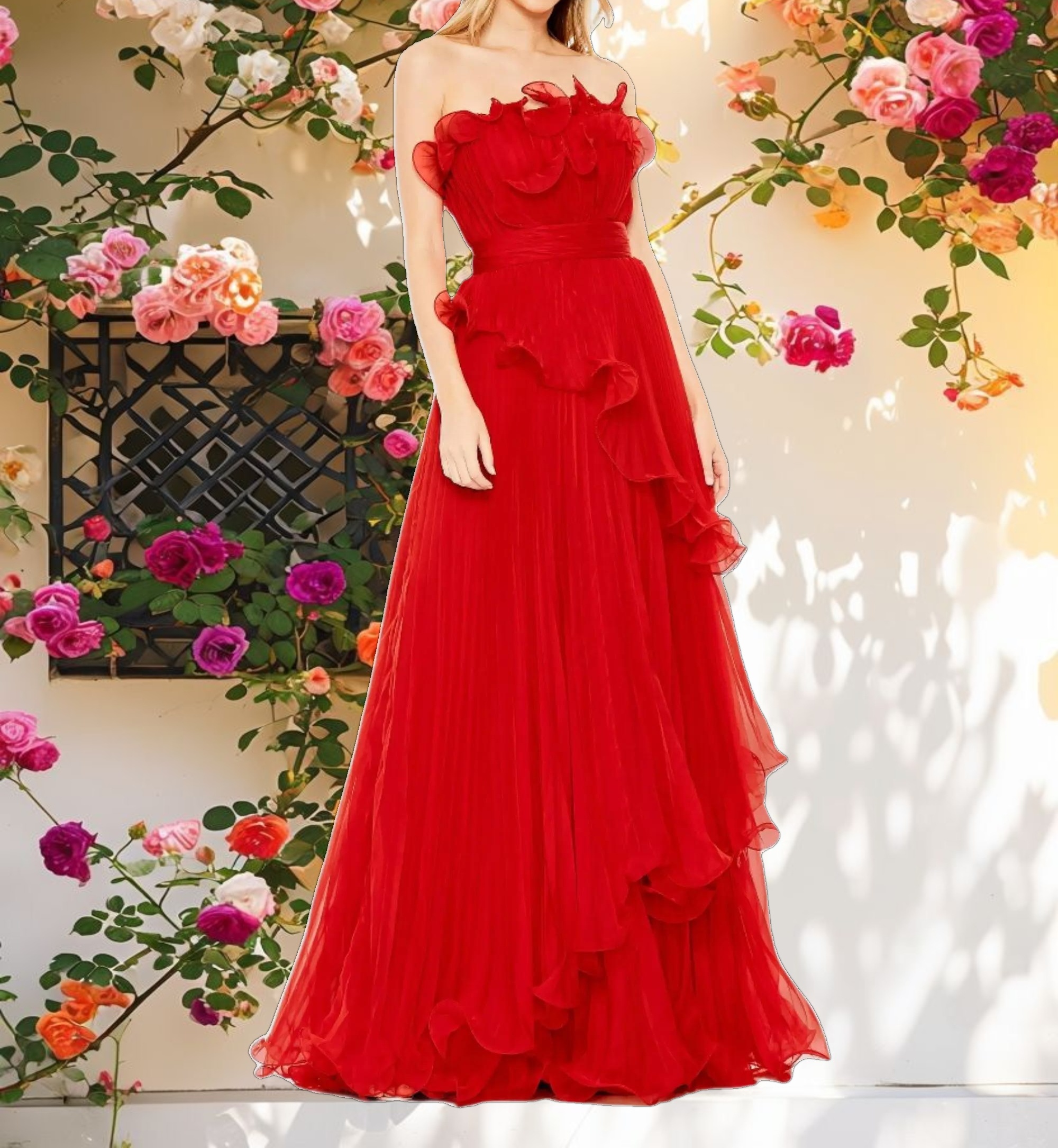 Pleated Tiered Ruffled Strapless Gown