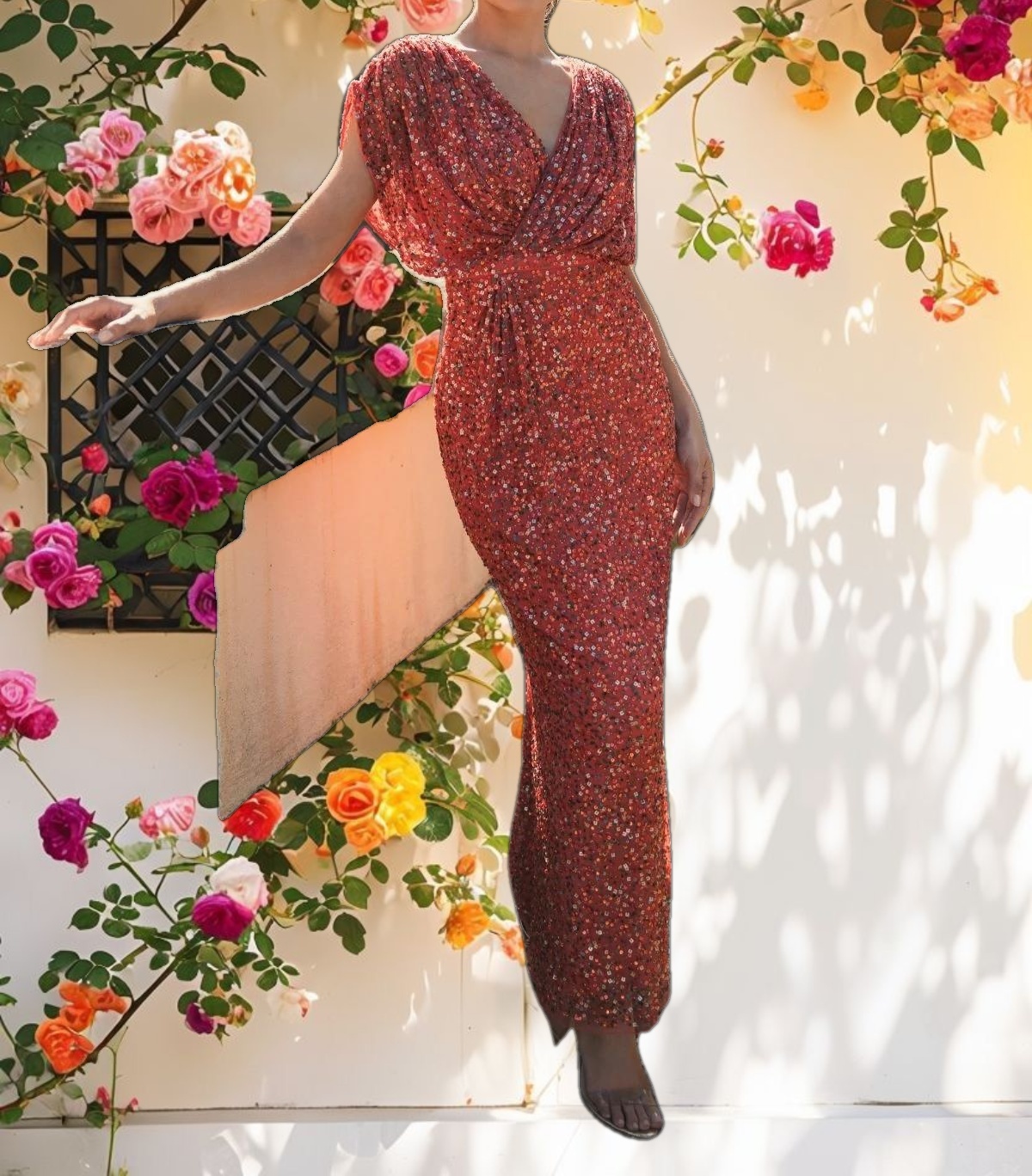 Red Draped Sleeve V Neck Gown