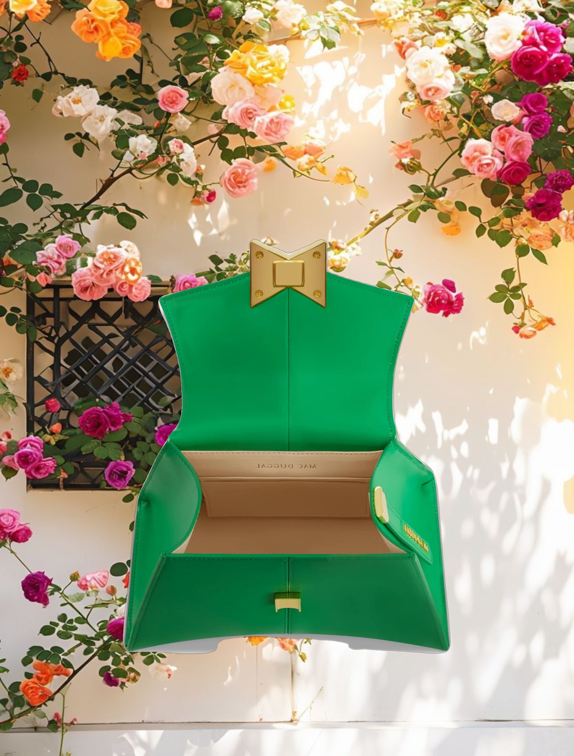 Angular Small Green Leather Handbag With Gold Hardware