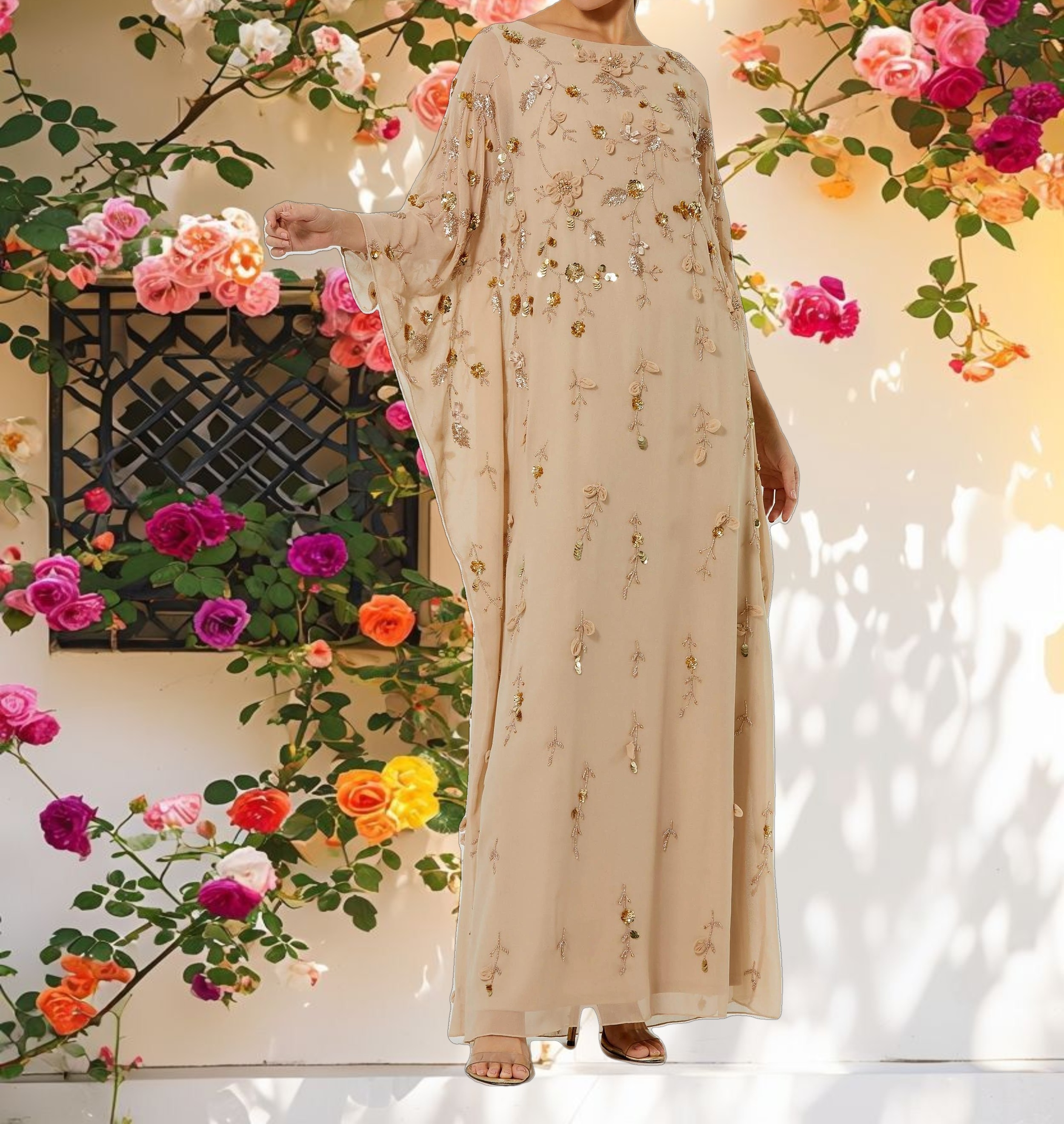 Beige Floral Embellished Trapeze Dress