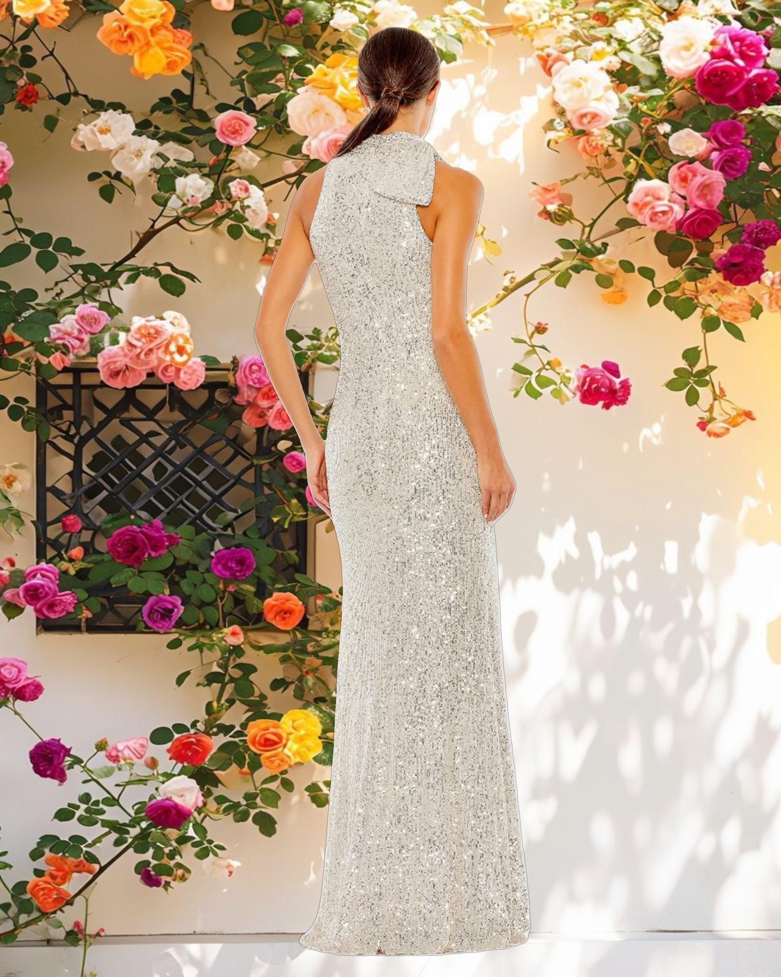 Silver Soft Tie Halter Neck Sequin Gown