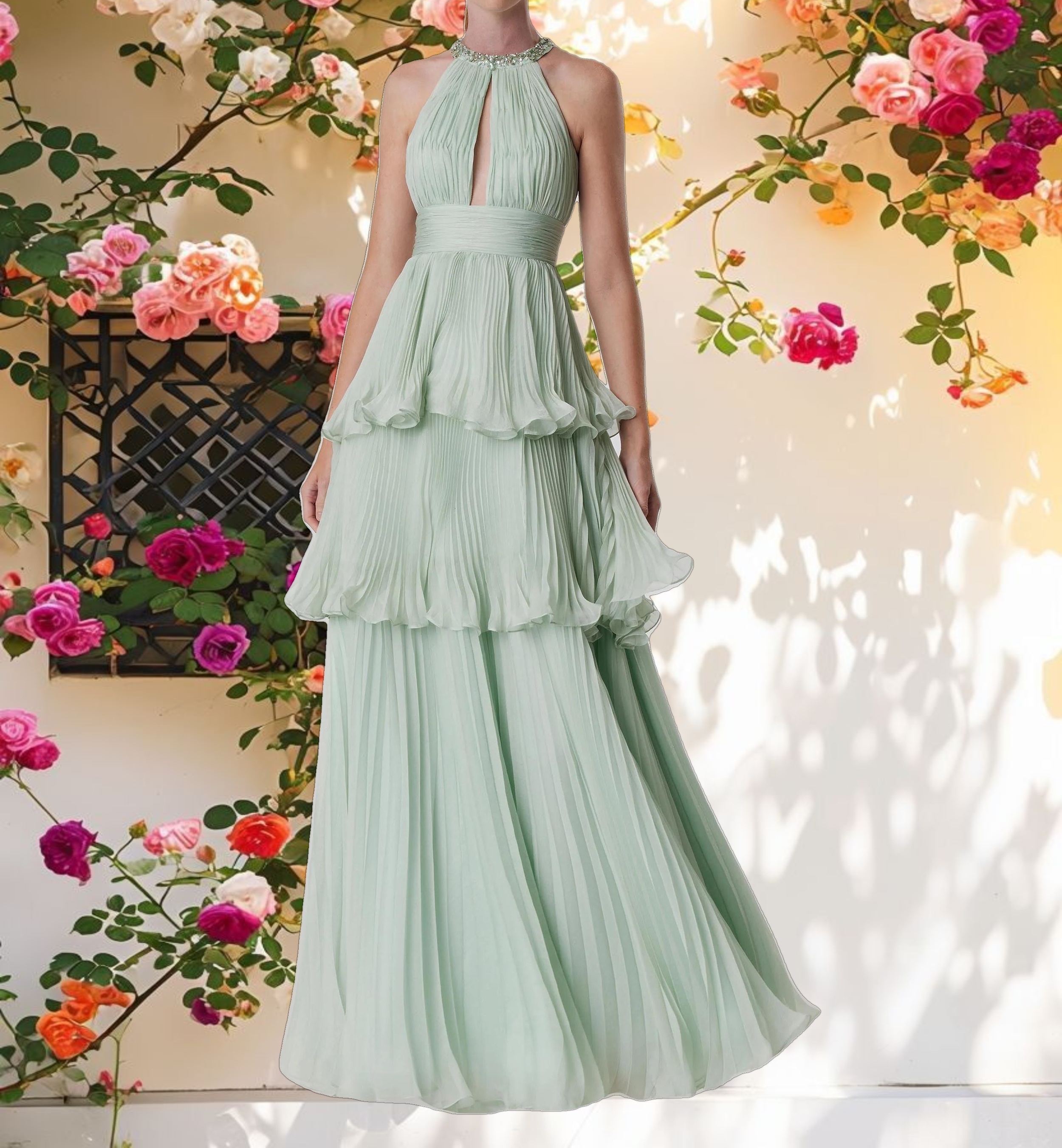 Green High Neck Chiffon Tiered Gown with Cut Out