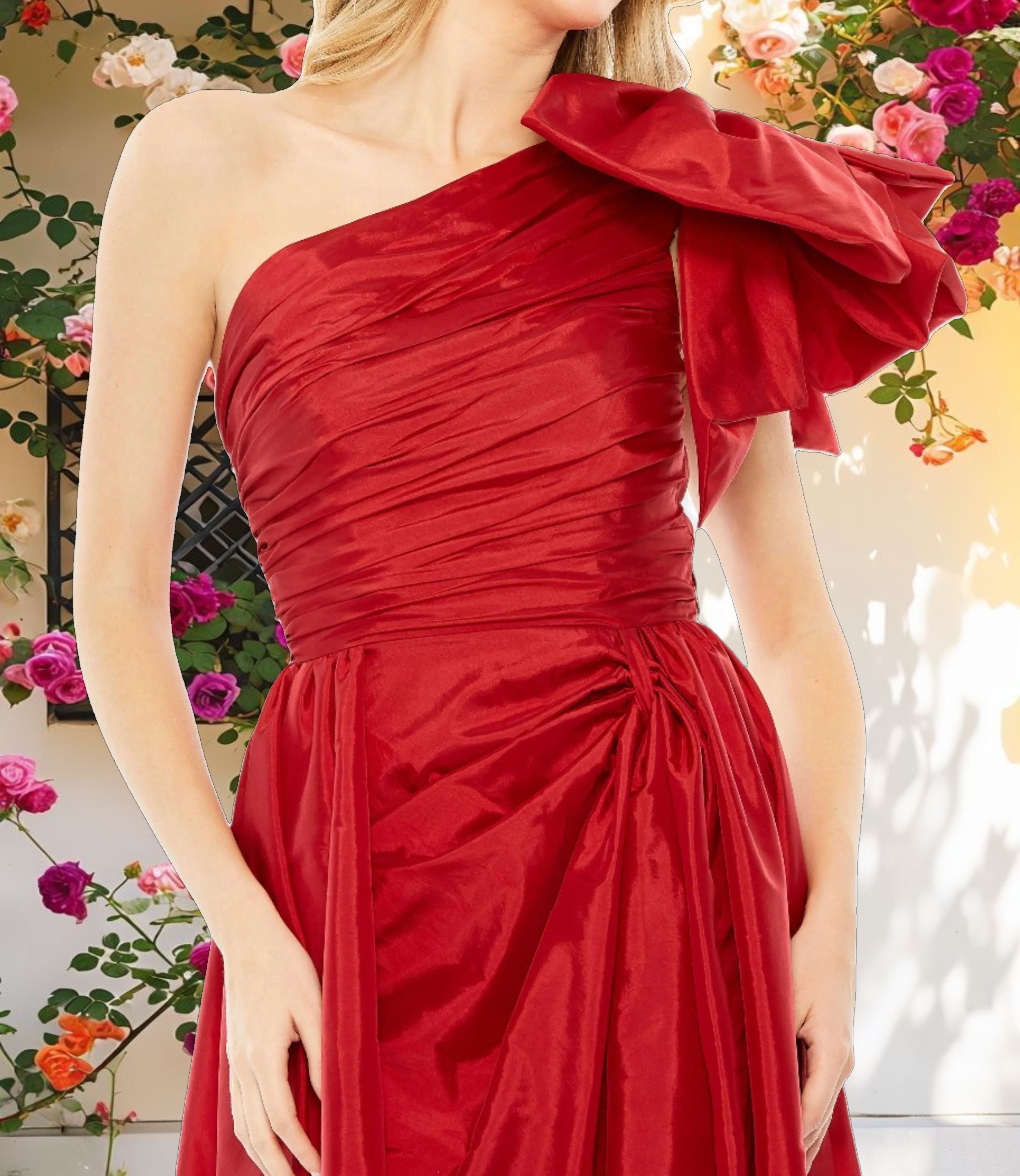 Draped Bow One Shoulder Over Skirt Gown