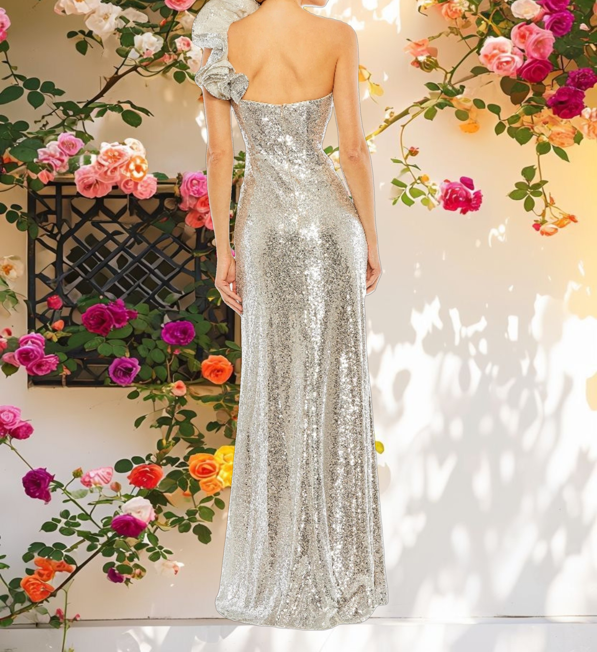 Silver Sequin Ruffled One Shoulder Gown