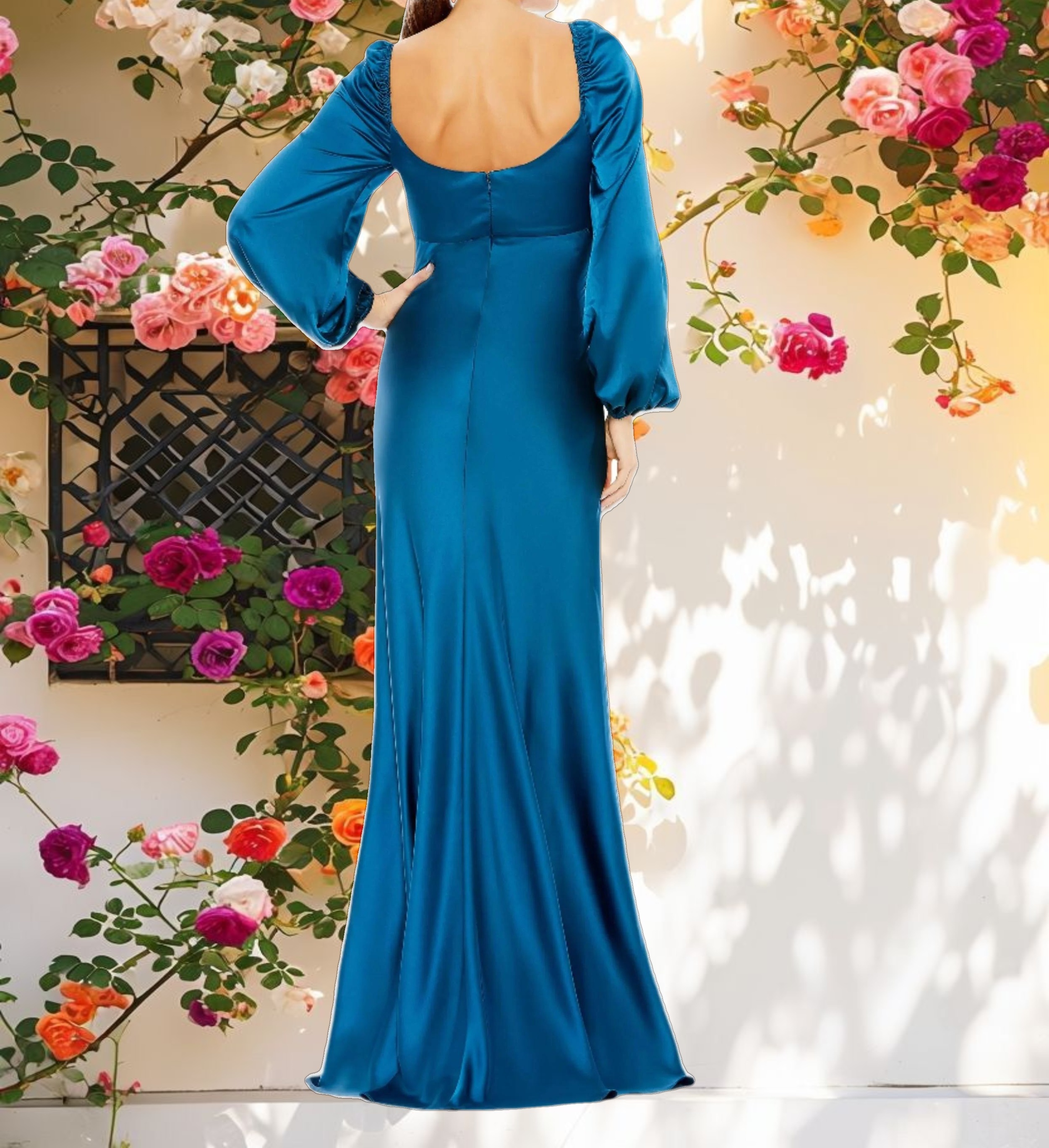 Blue Sweetheart Neckline Puff Sleeve Gown