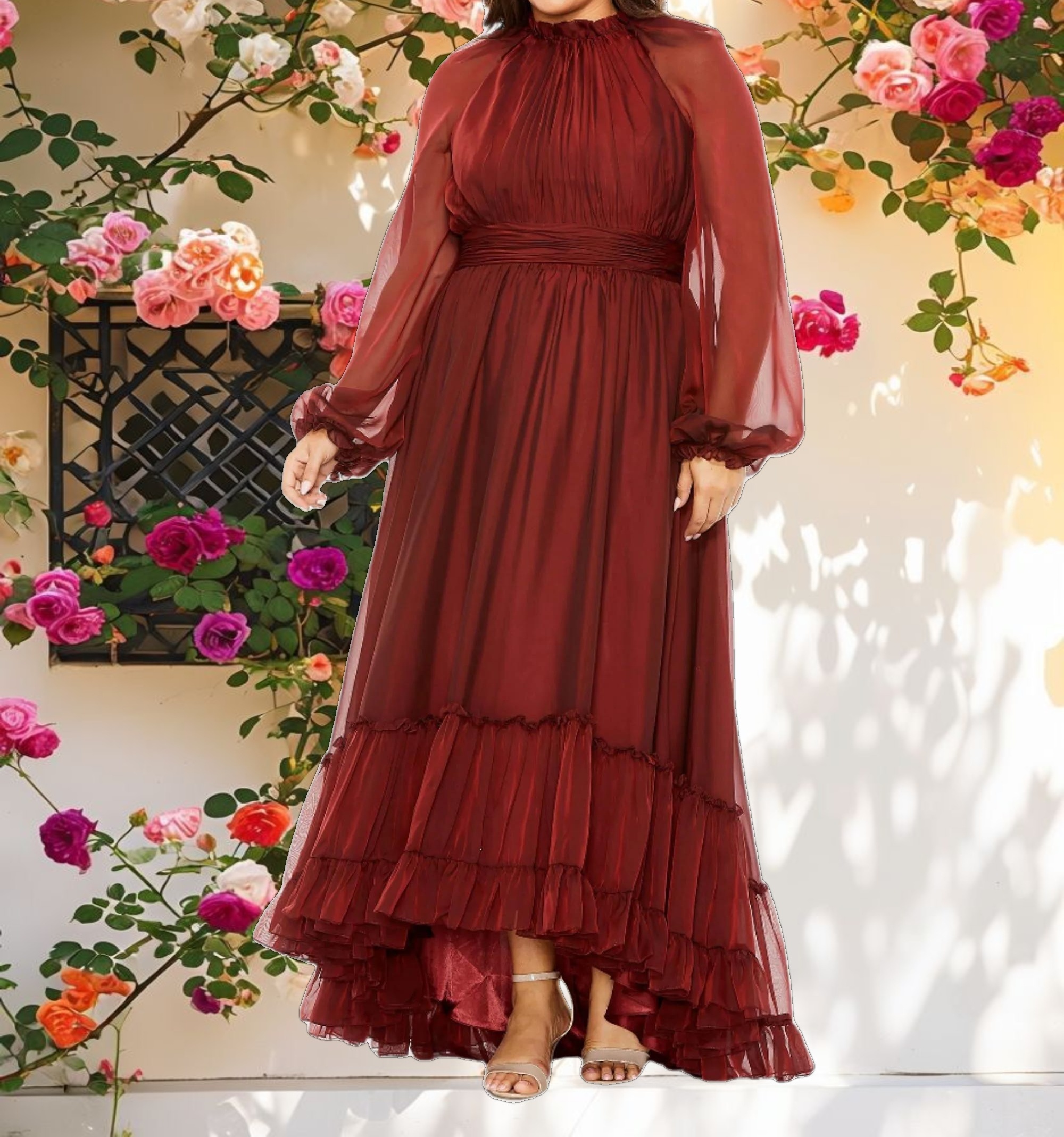 Dress with Decorative Cuff Mock Neck A Line Gown