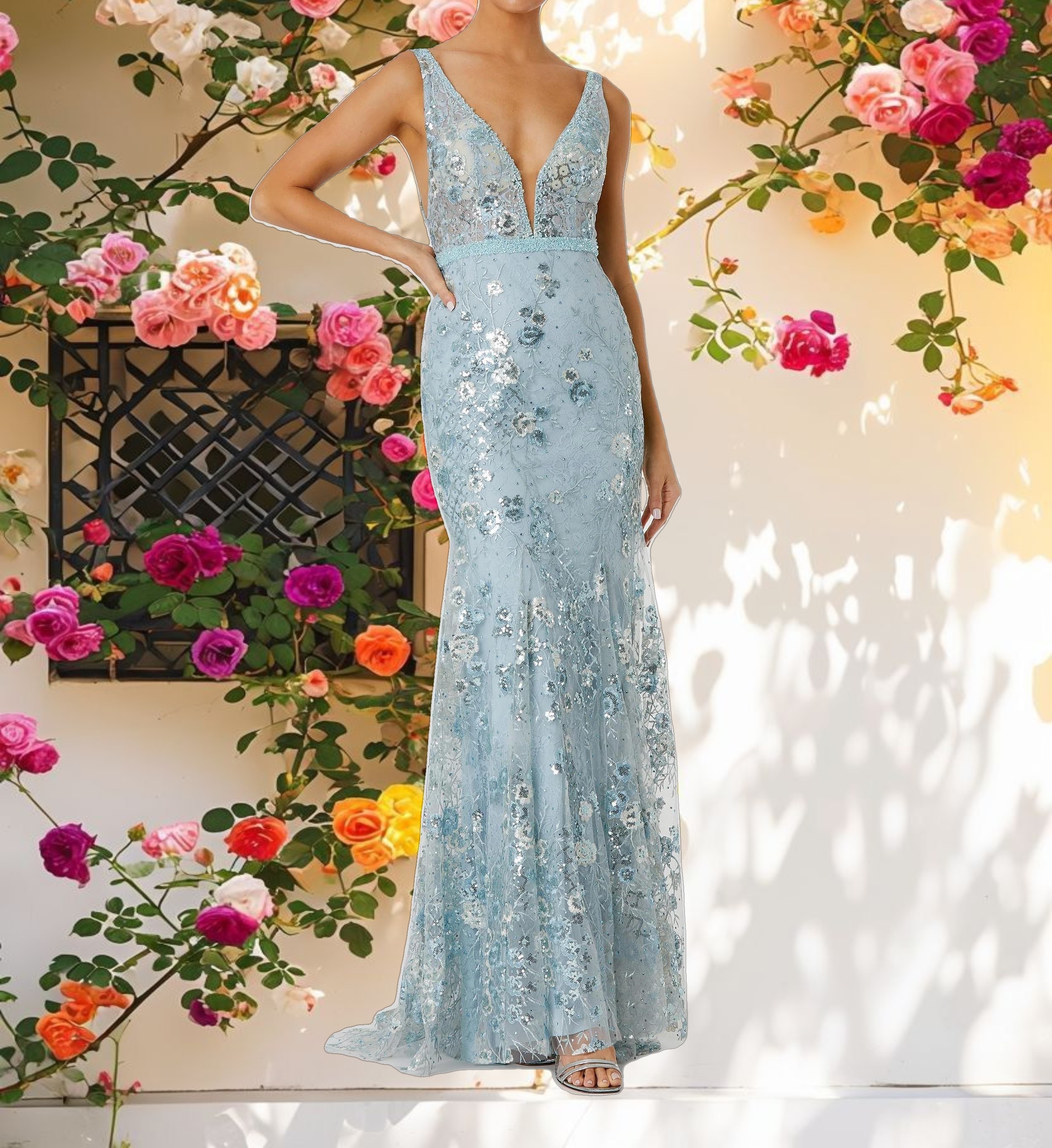 Embellished Sleeveless Plunge Neck Gown