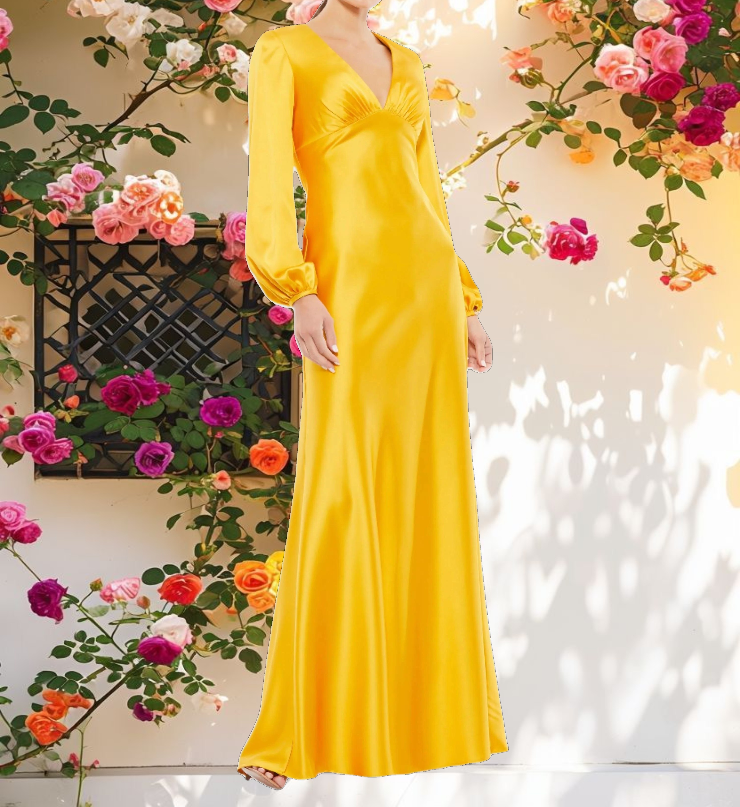 Yellow Charmeuse Empire Waist Blouson Sleeve Gown