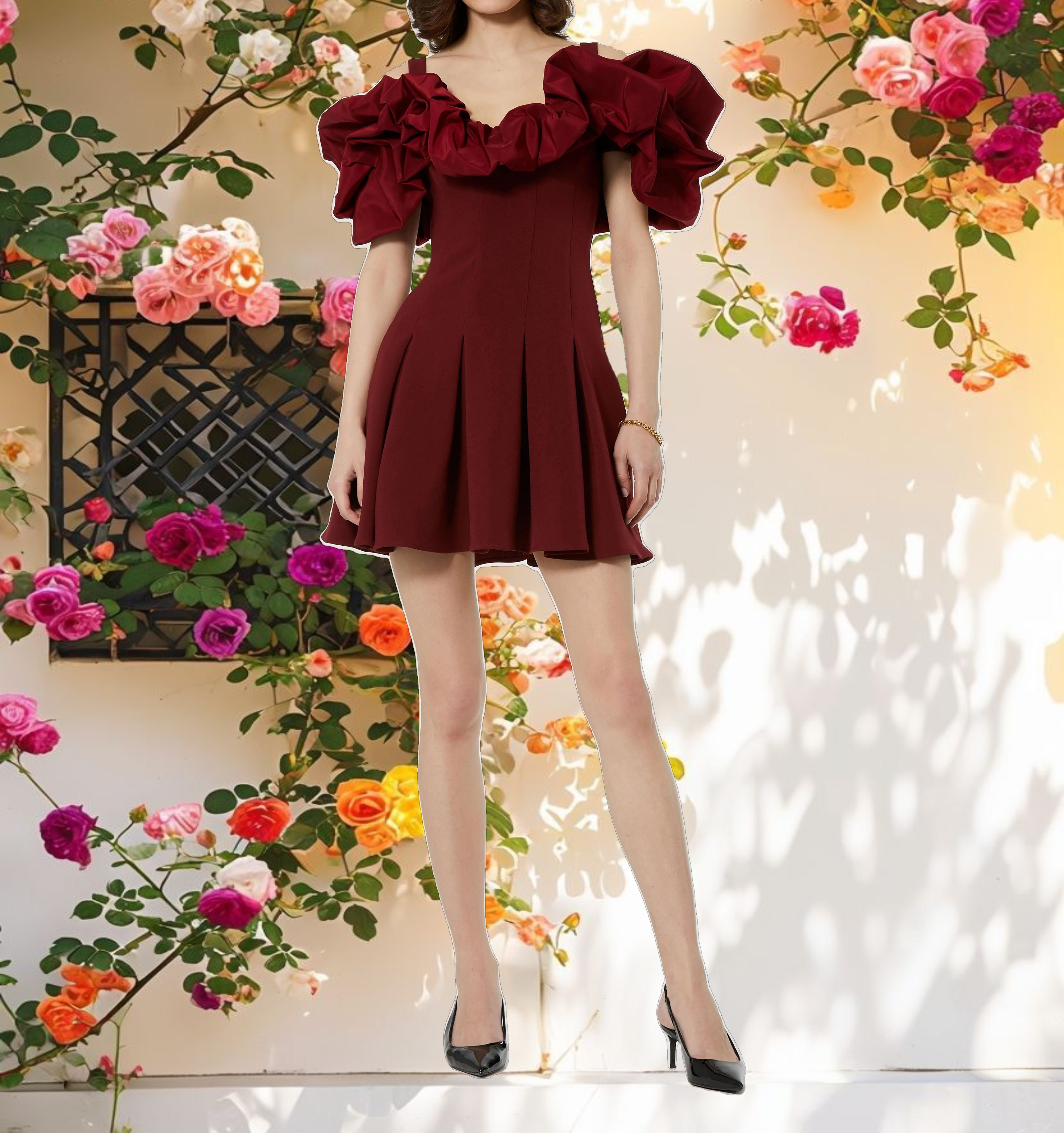 Red Crepe Godet Hem Mini Dress