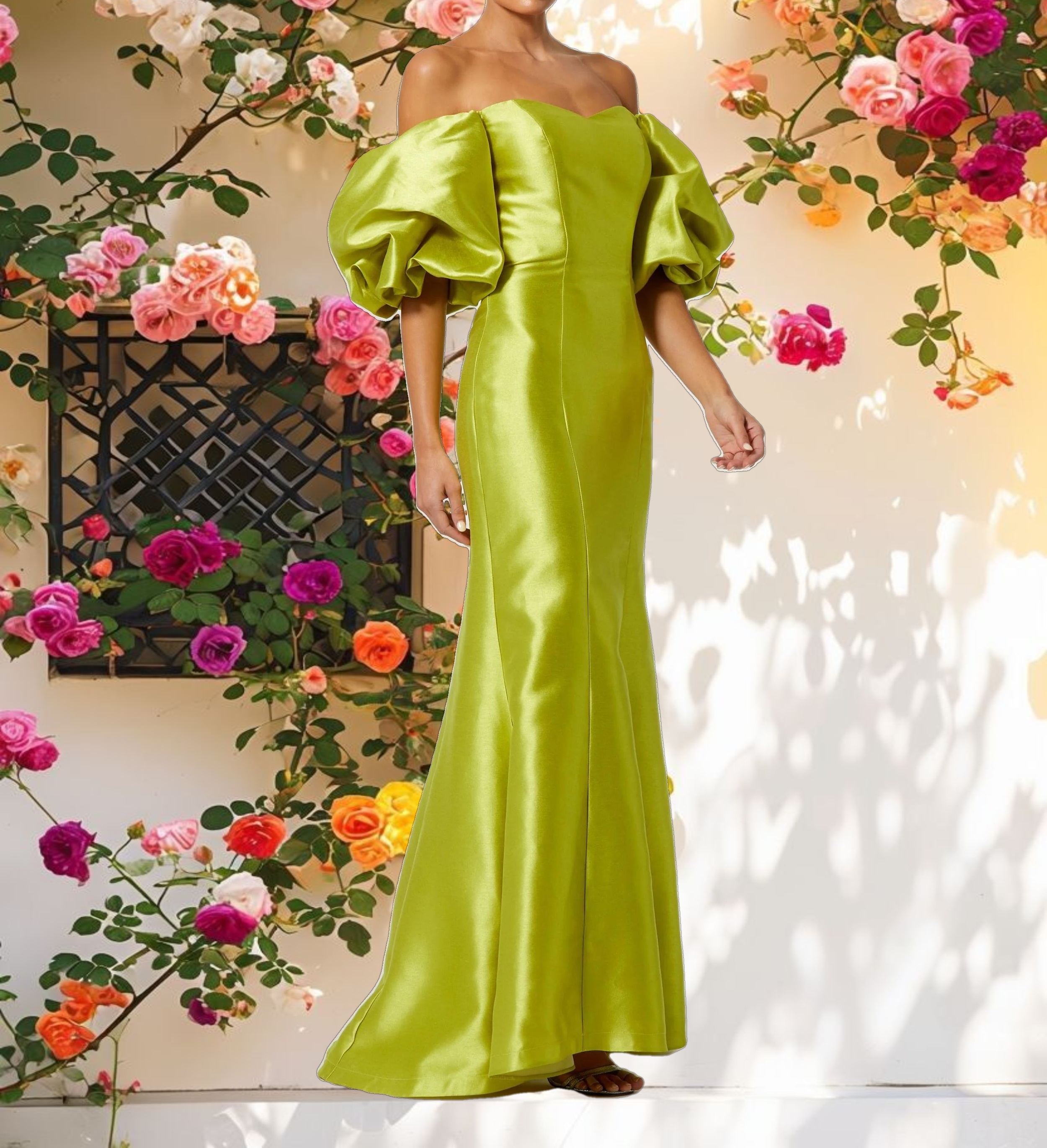 Green Sweetheart Off The Shoulder Puff Sleeve Gown