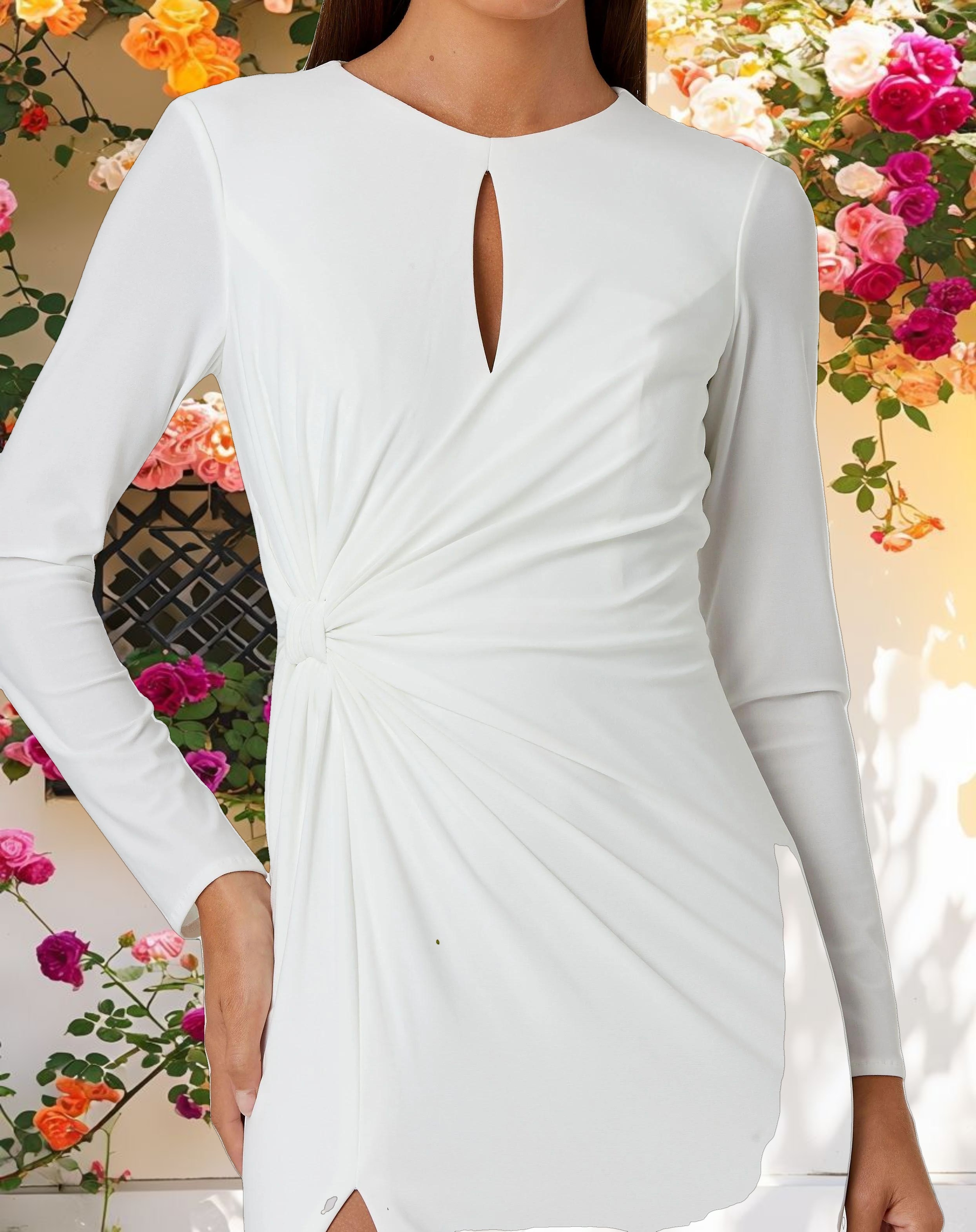 White Long Sleeve Keyhole Draped Gown