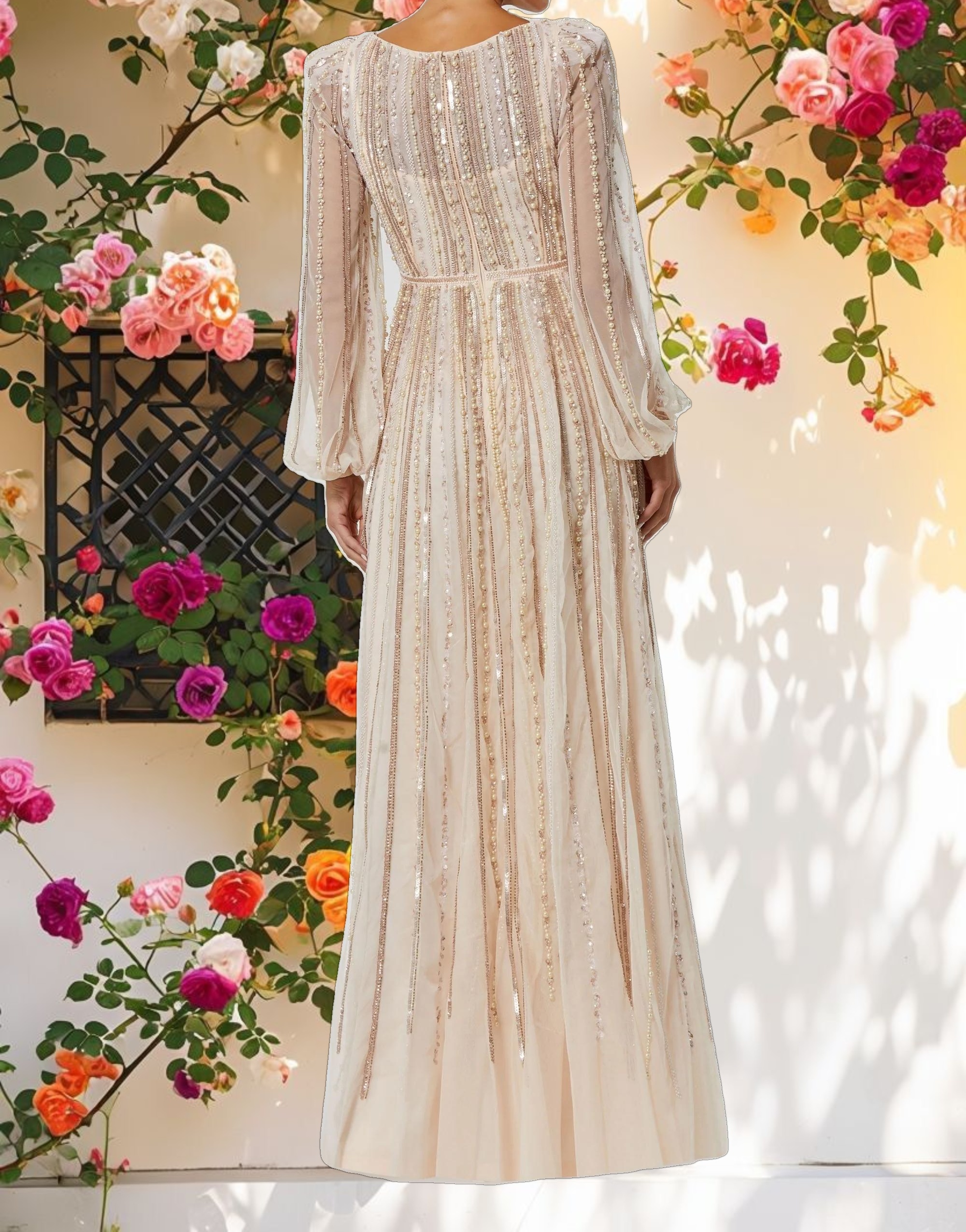 Pink Boat Neck Long Sleeve Gown With Striped Beading