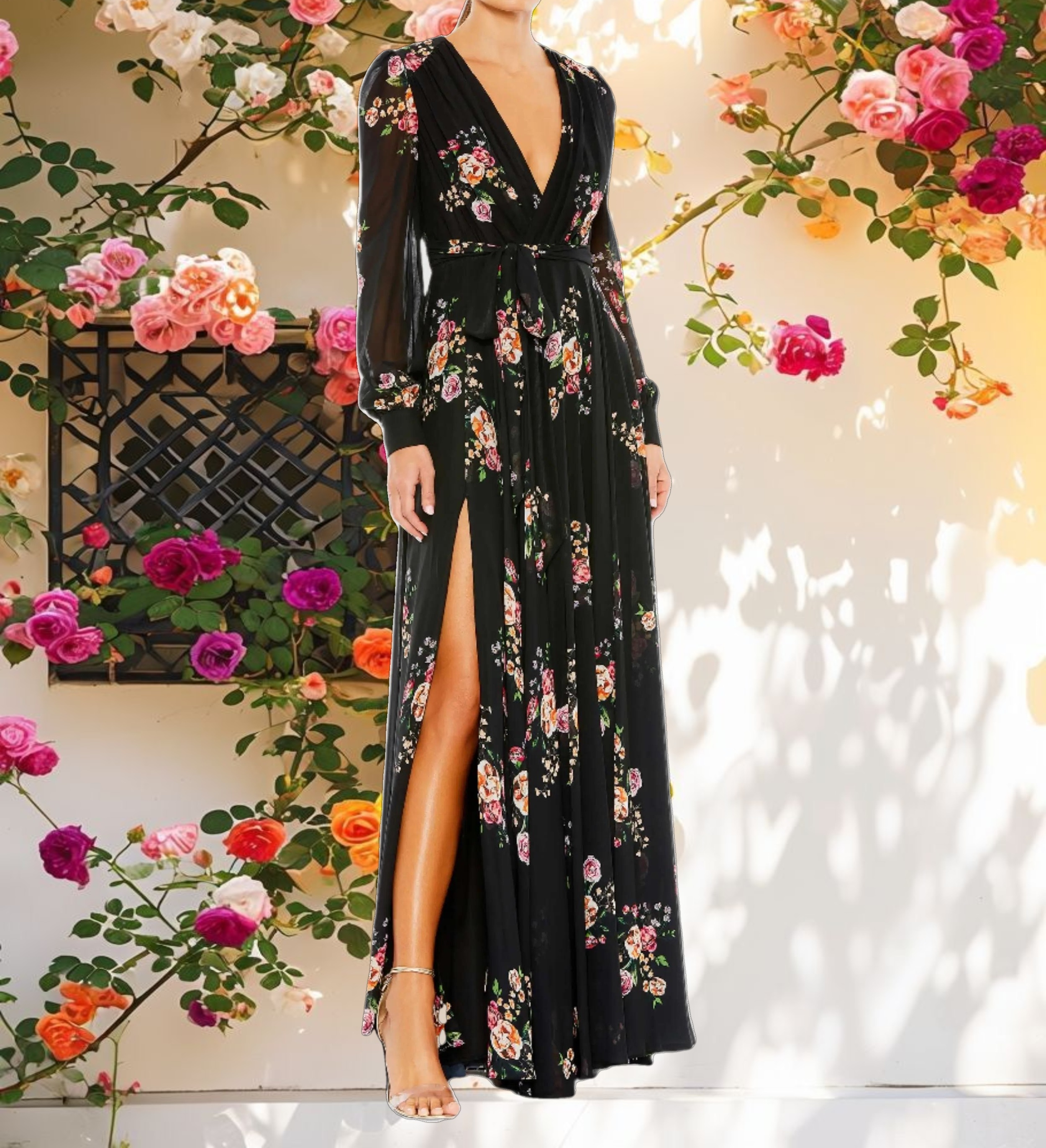 Floral Print Belted Long Sleeve Gown