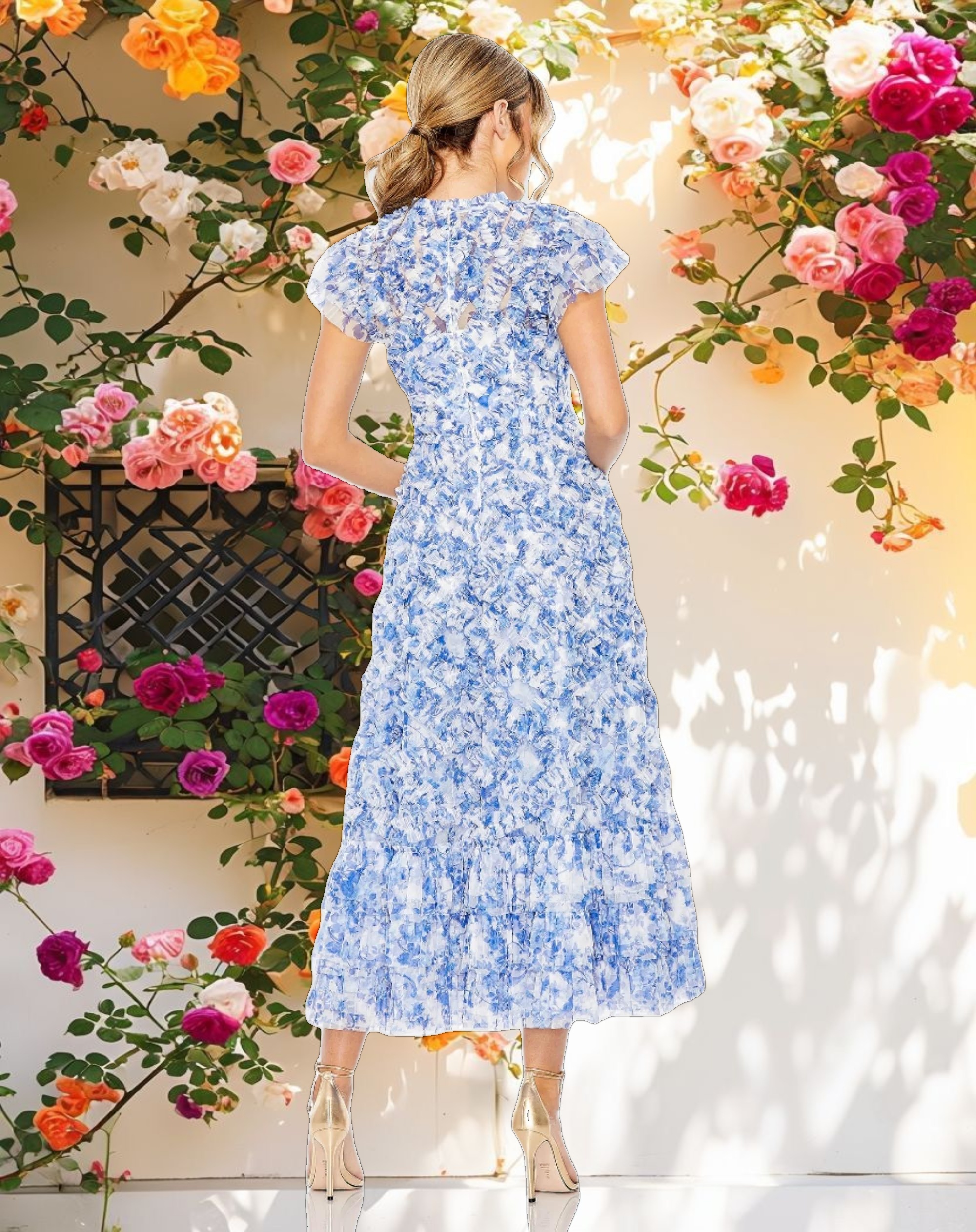 Blue High Neck Ruffle Cap Sleeve Floral Dress