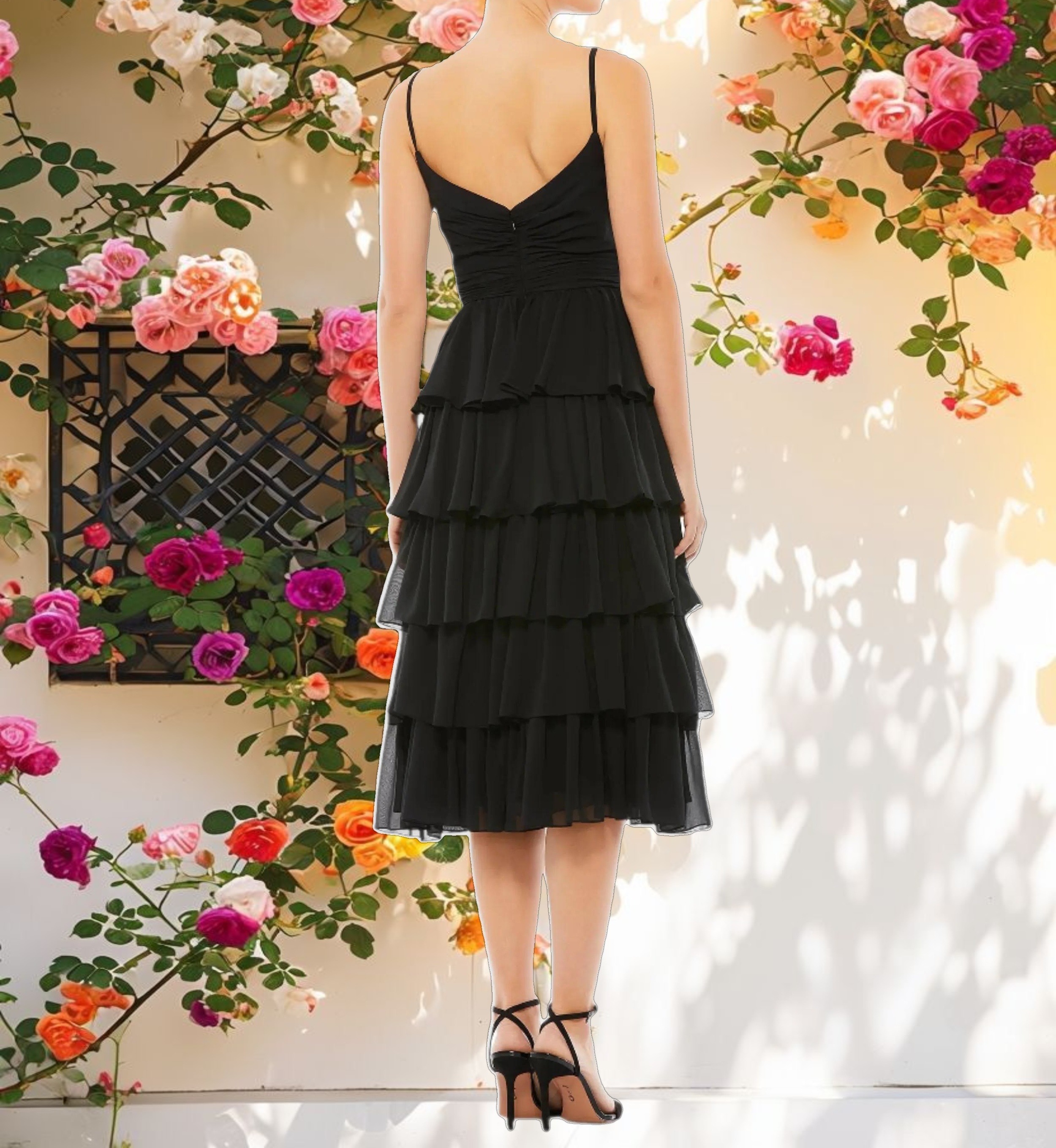 Black Ruffle Layered V Neck Midi Dress