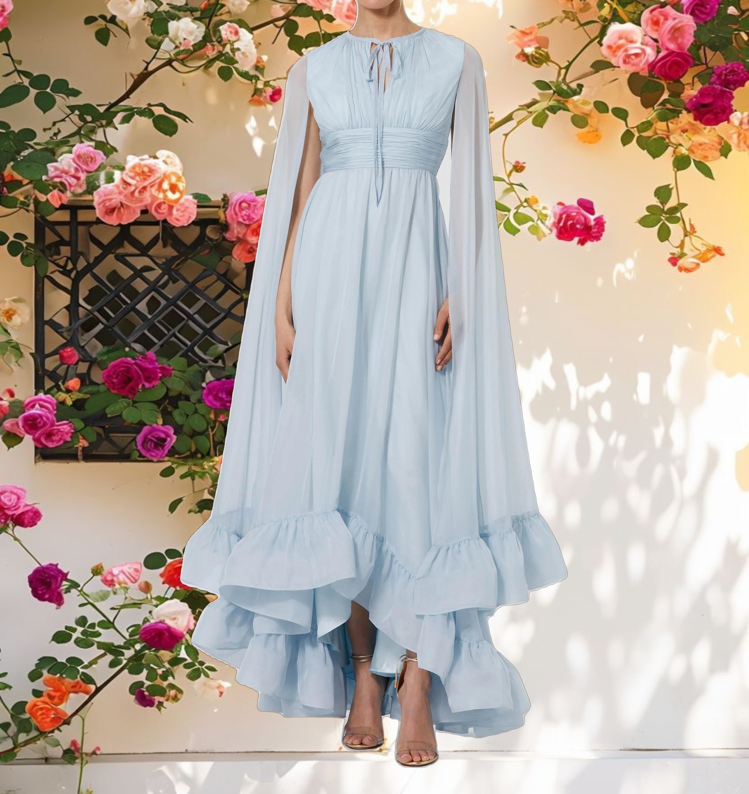 Blue Chiffon Cape Sleeve Dress With Keyhole