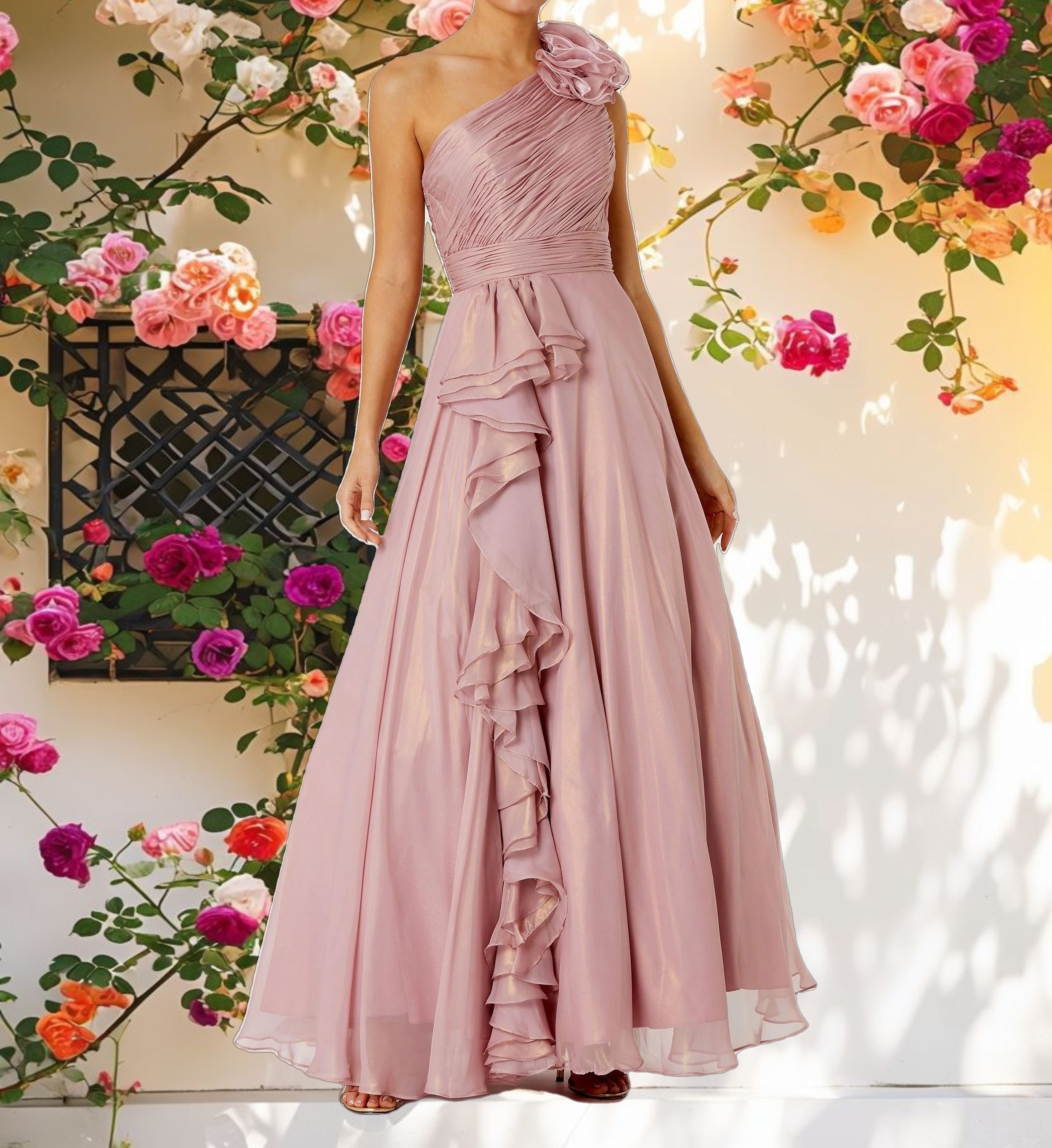 Iridescent One Shoulder Rosette Ball Gown