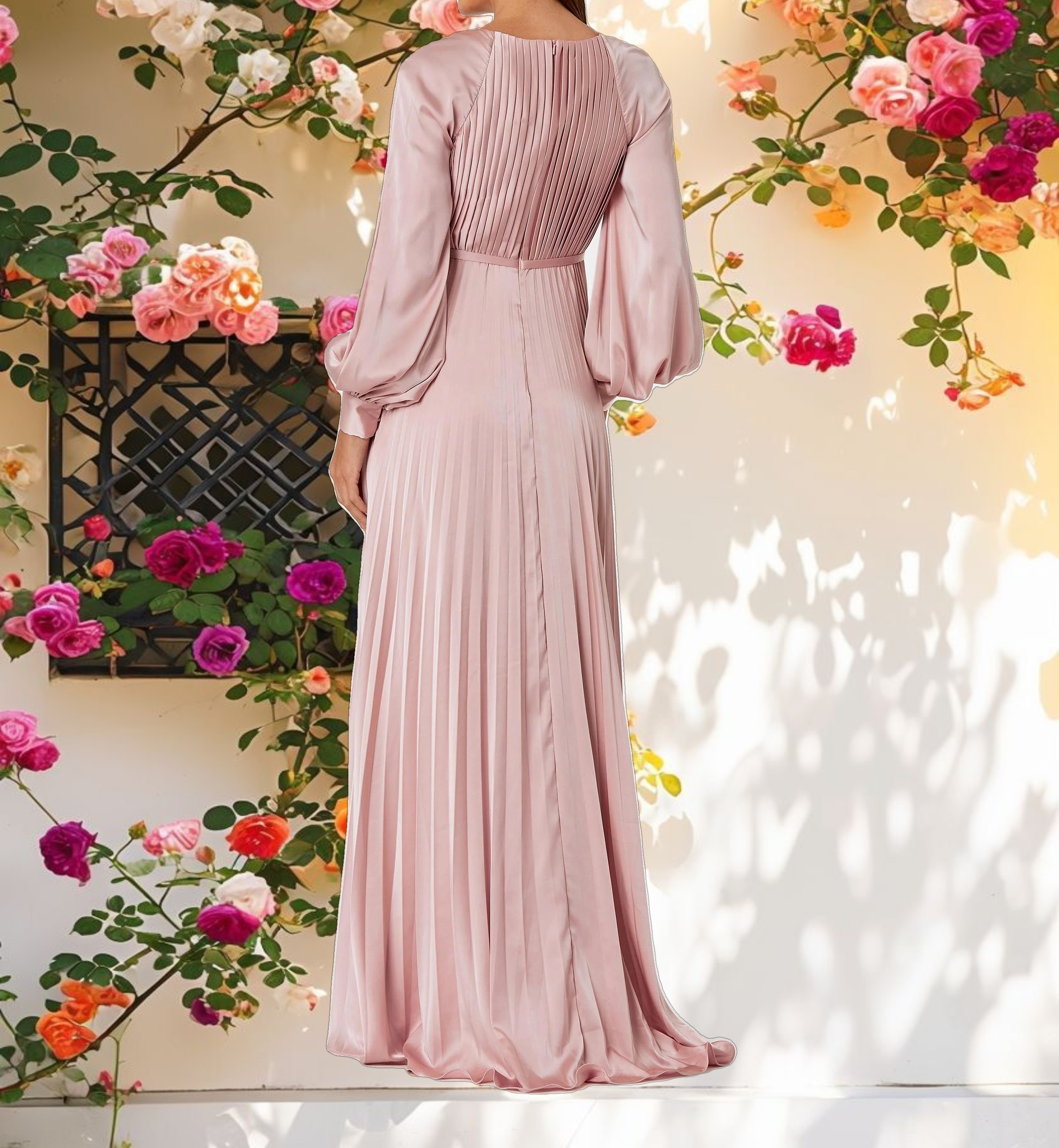 Pleated High Neck Raglan Long Sleeve Side Slit Gown