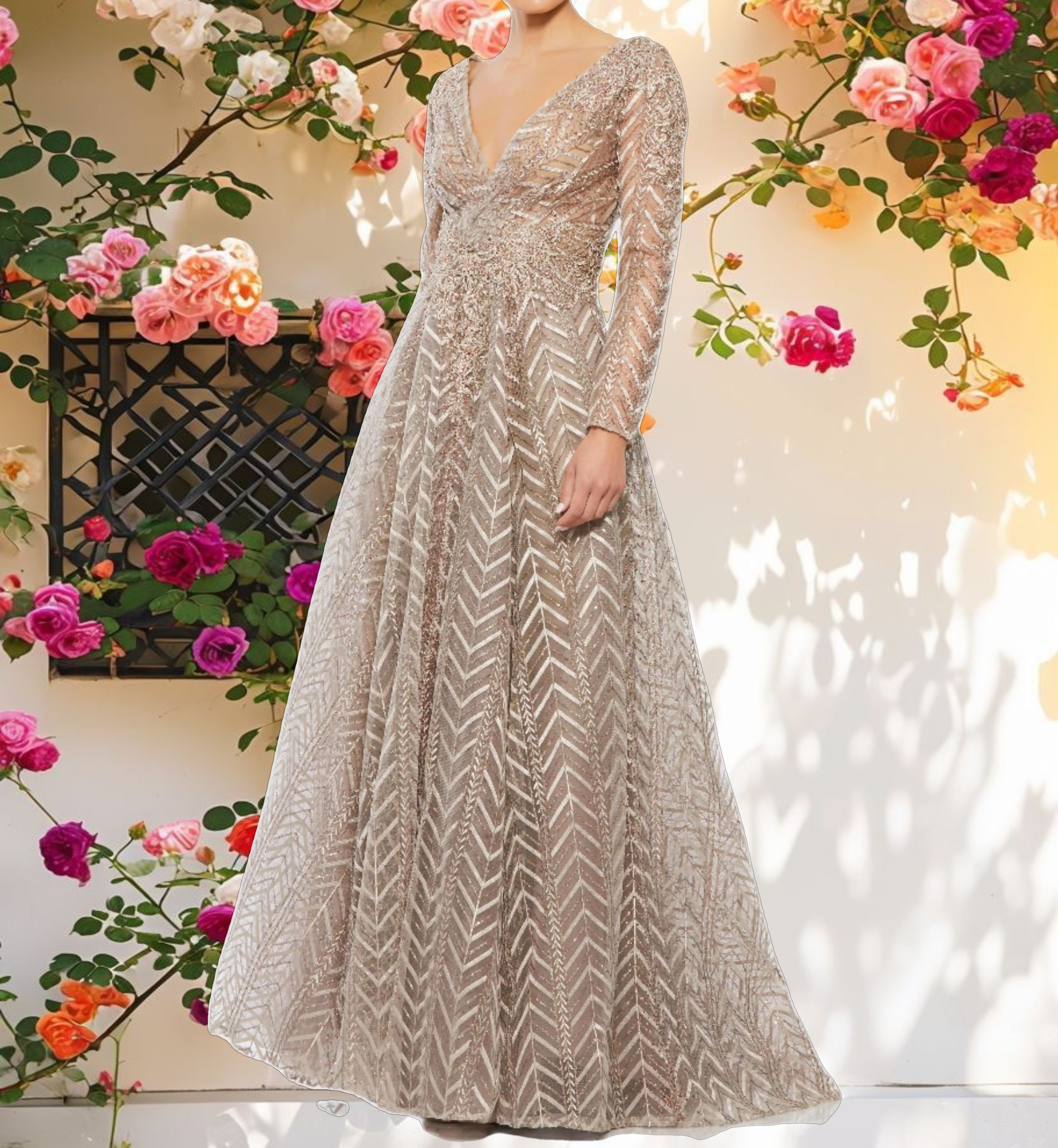 Beige Embellished Illusion Long Sleeve Wrap Over A Line Gown
