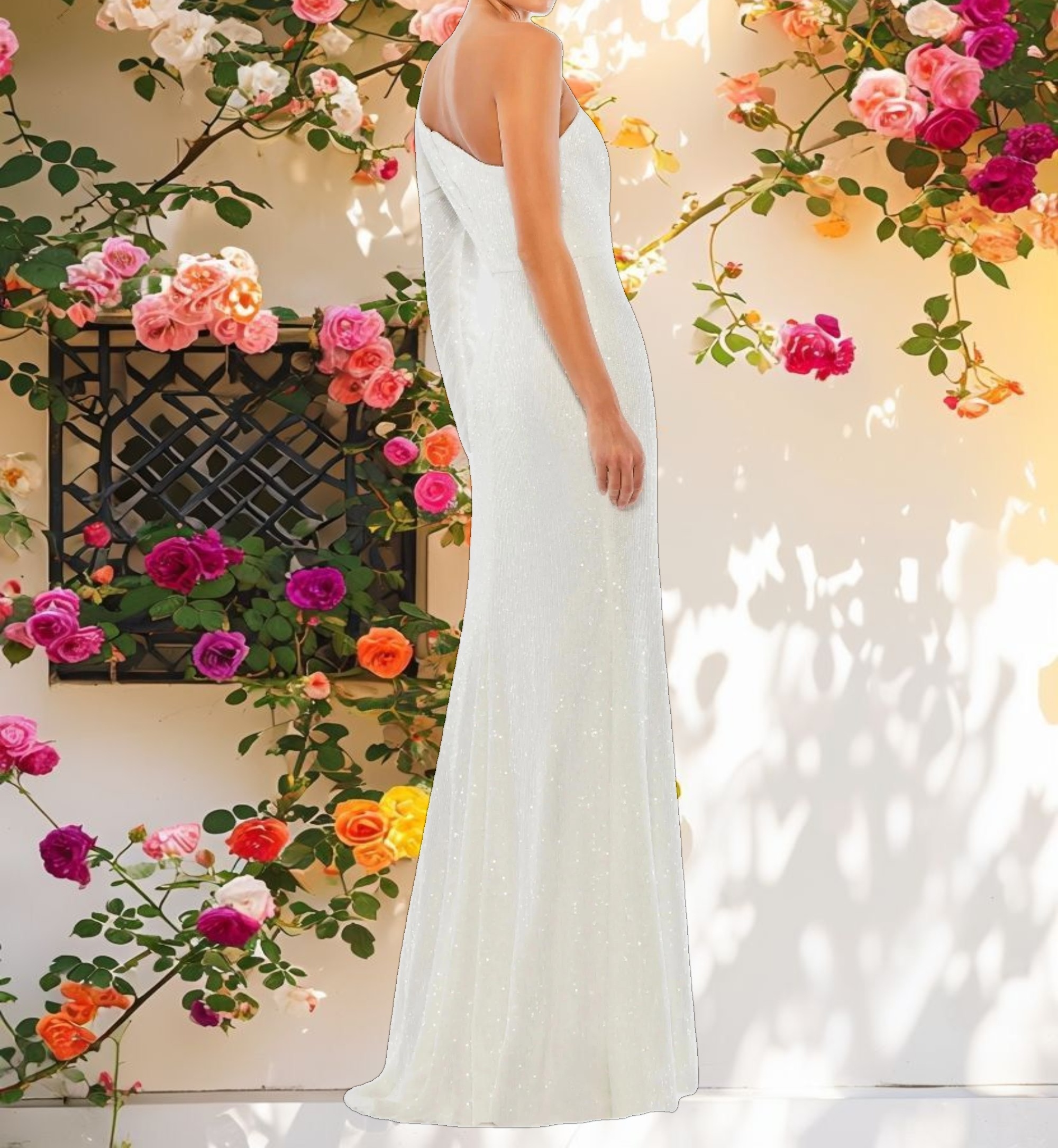 White Sequined One Shoulder Trumpet Gown