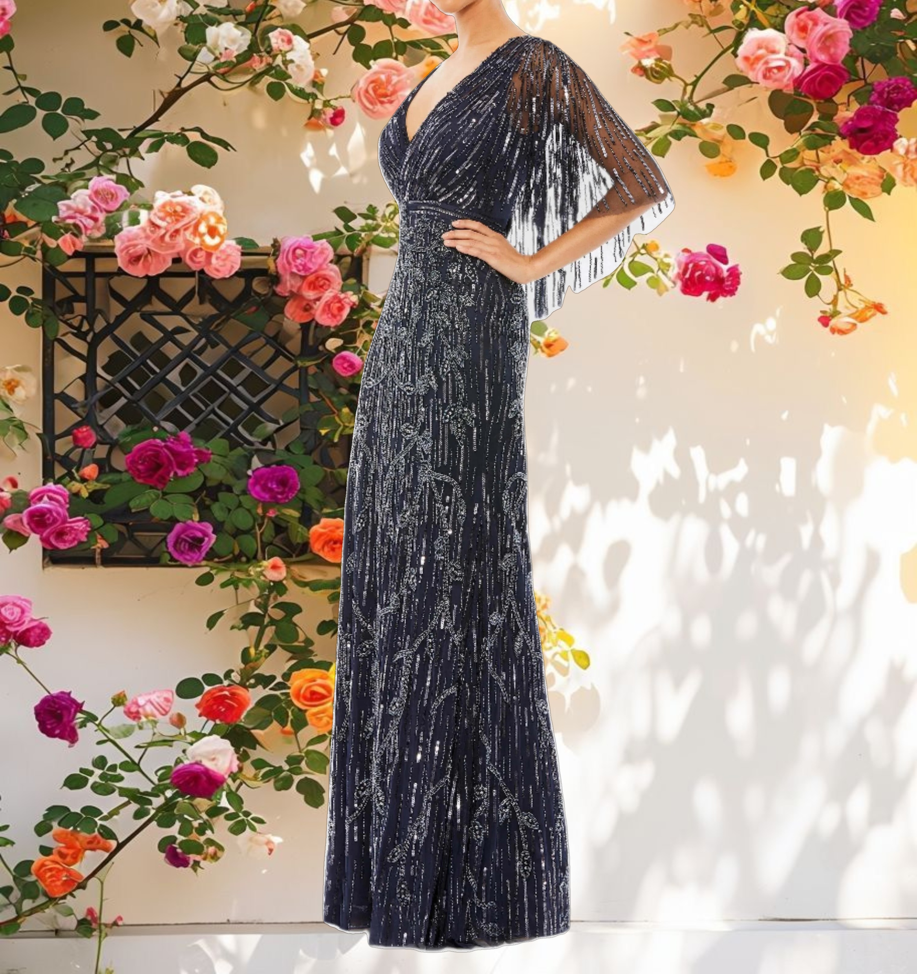 Elegant Embellished Cap Sleeve Faux Wrap Trumpet Gown