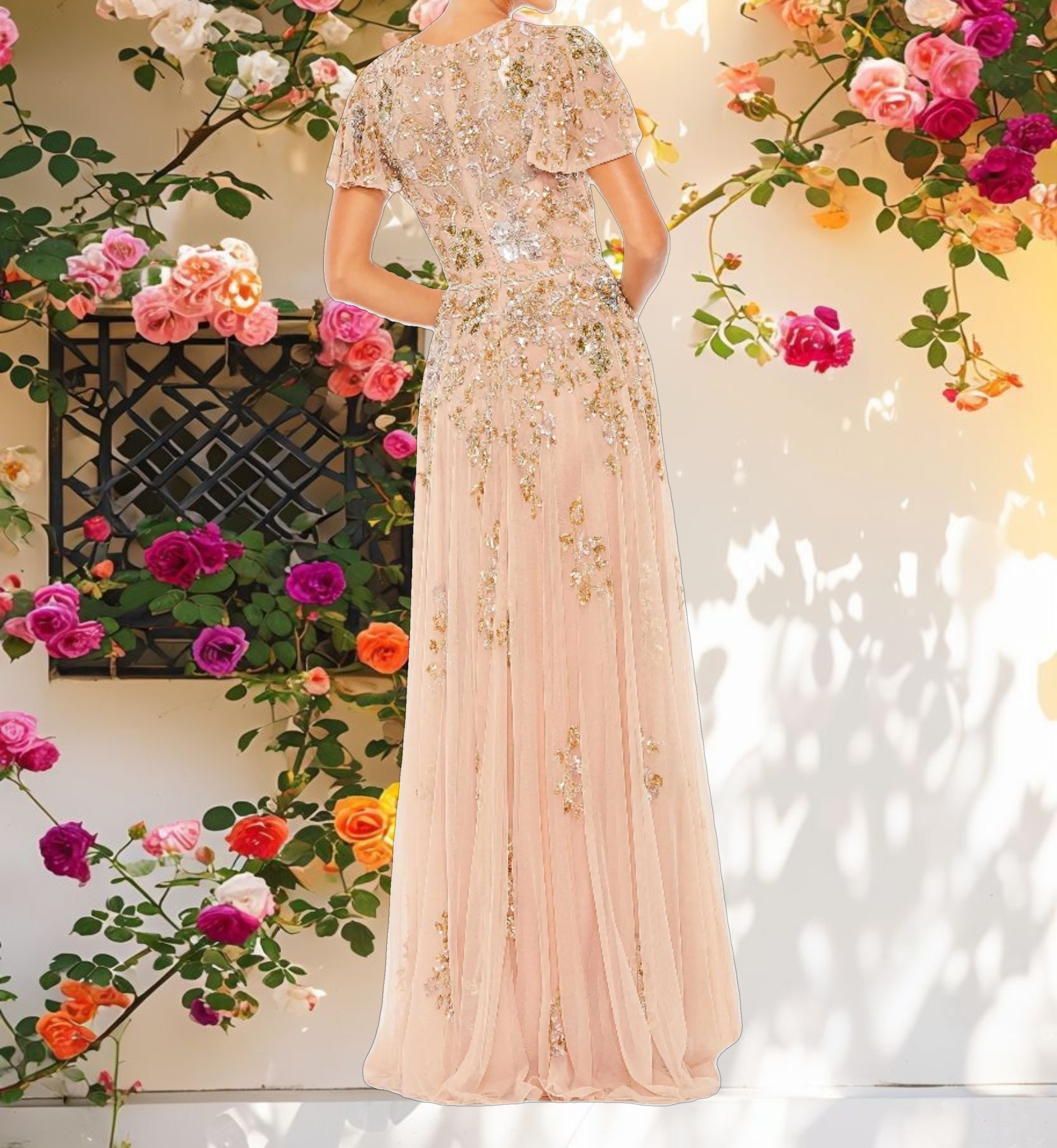 Pink Decorated Butterfly Sleeve High Neck Dress