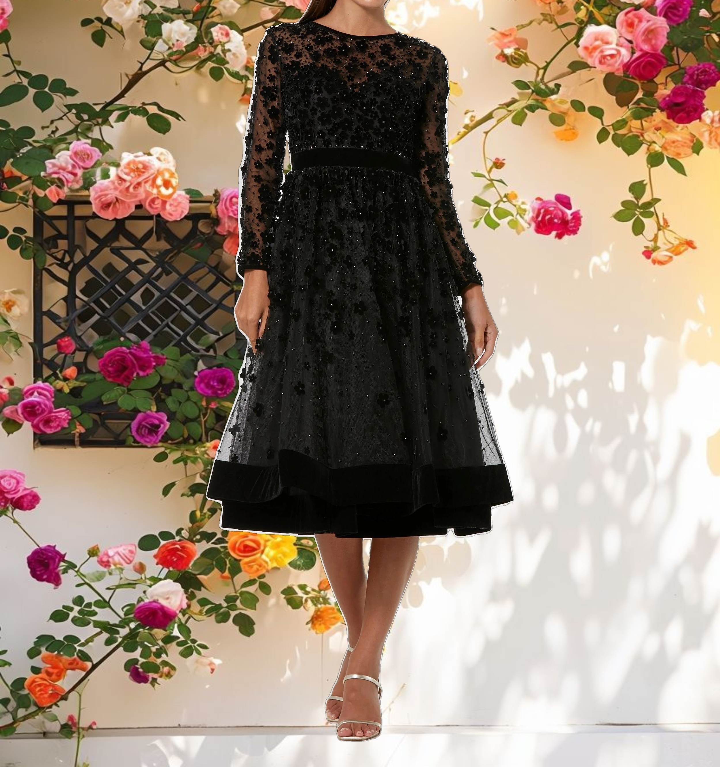 Black Embellished Illusion High Neck Long Sleeve Fit & Flare Dress