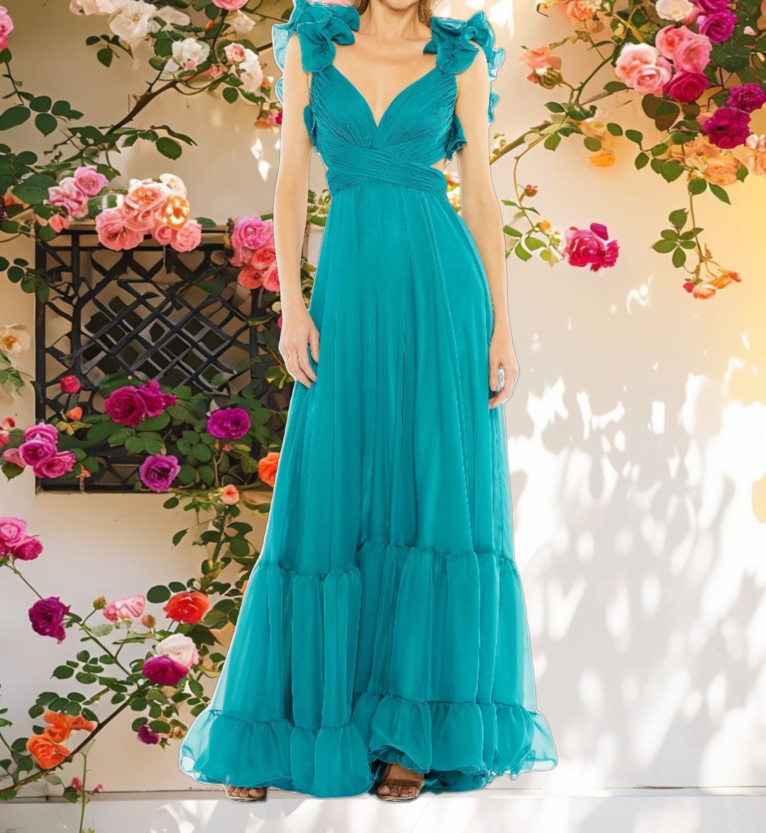Ruffle Tiered Cut Out Chiffon Gown