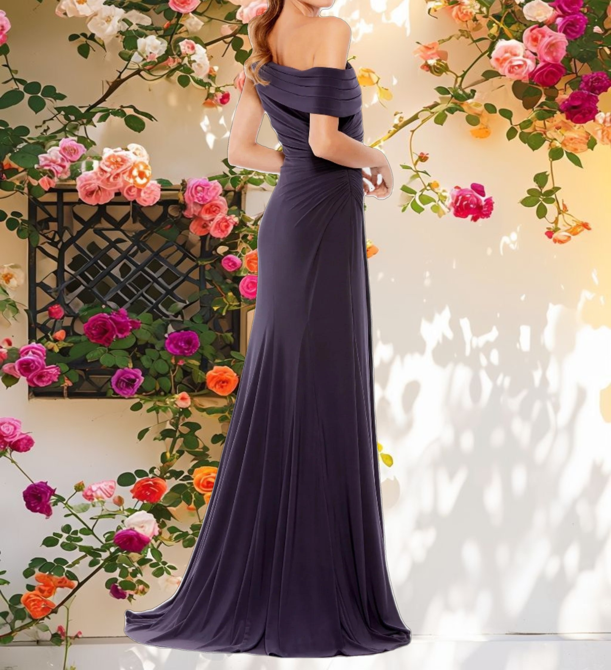 Purple Foldover Off-the-Shoulder Slit Gown