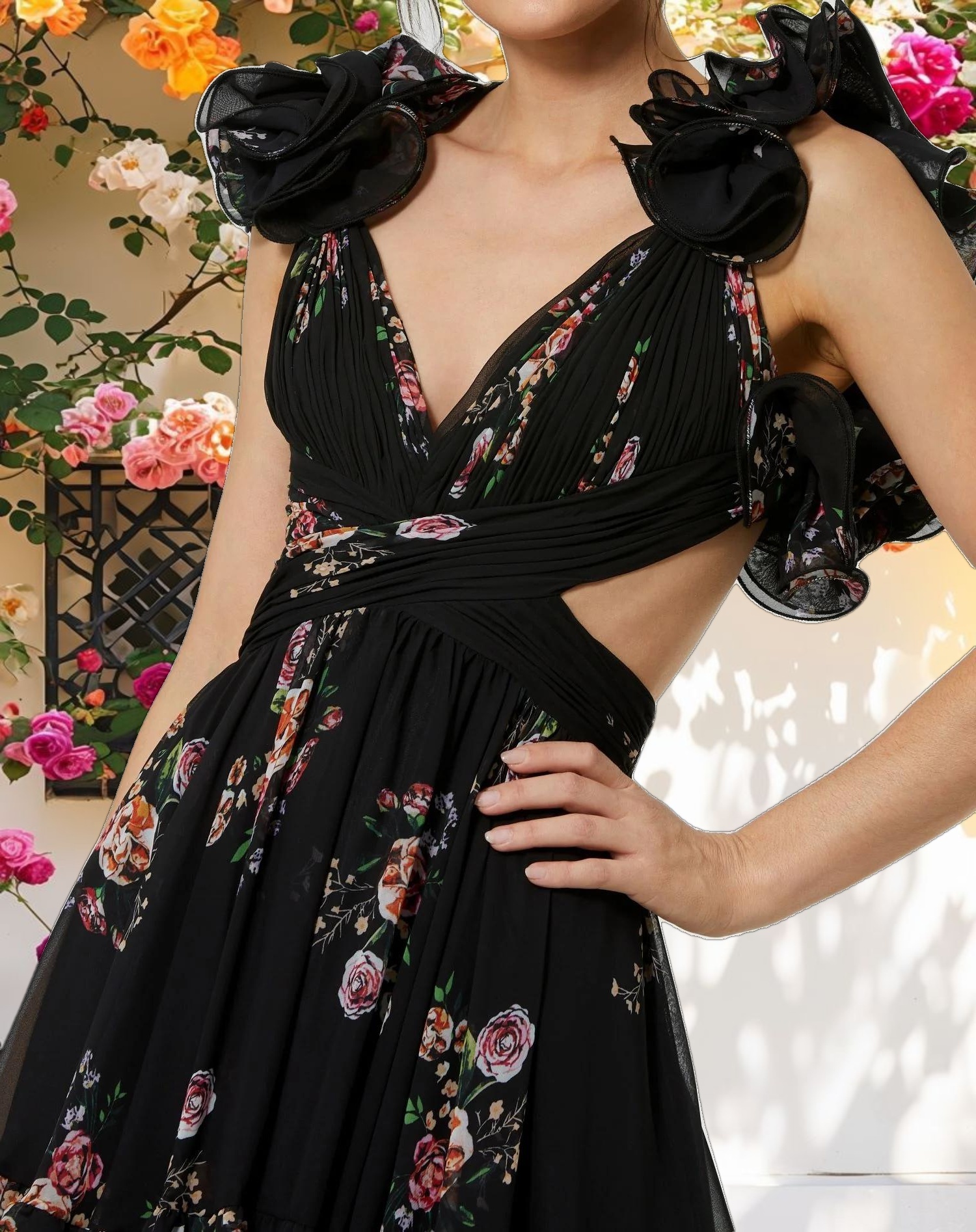 Black Ruffle Tiered Cut Out Floral Print Chiffon Dress