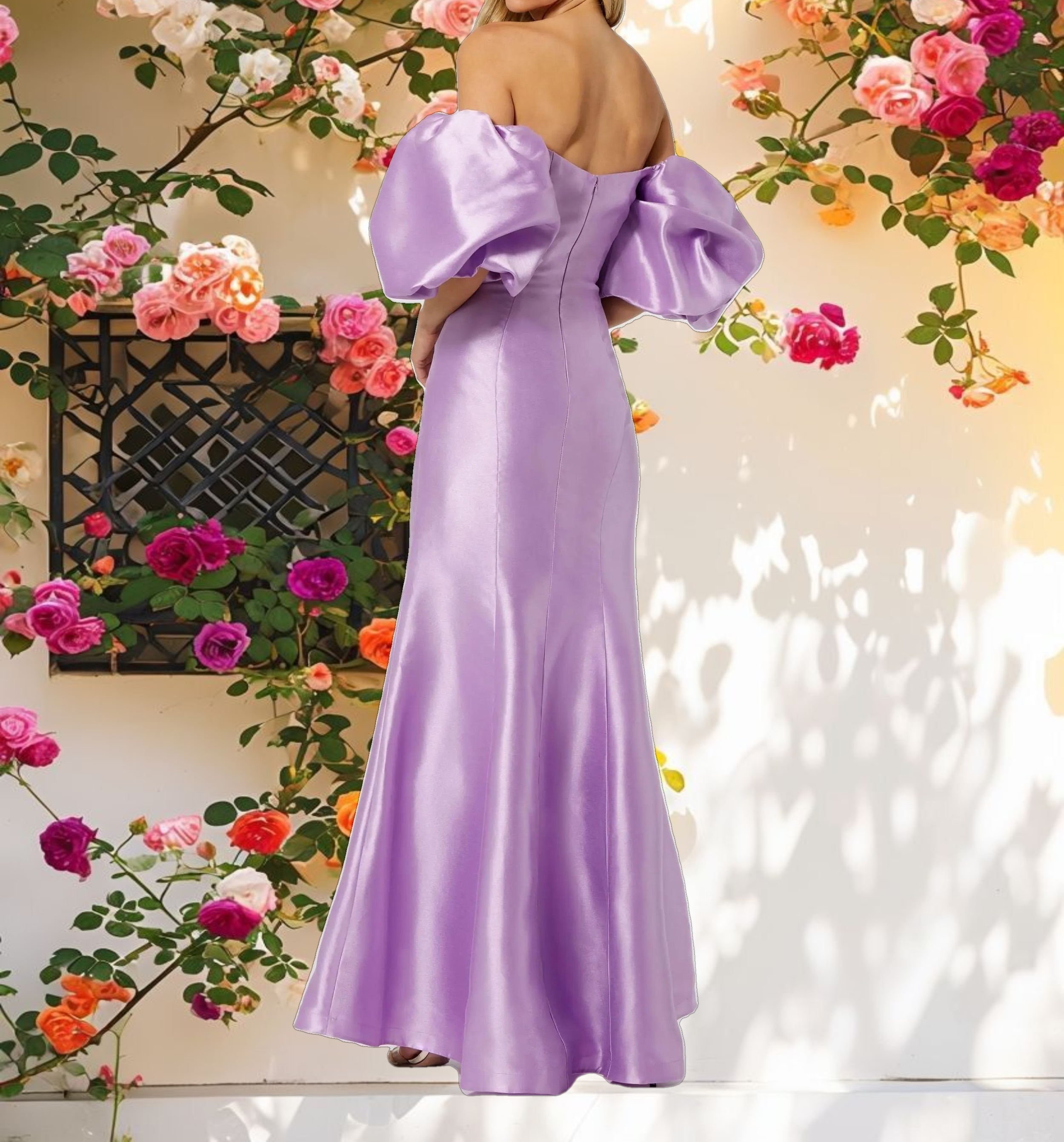 Purple Sweetheart Off The Shoulder Puff Sleeve Gown