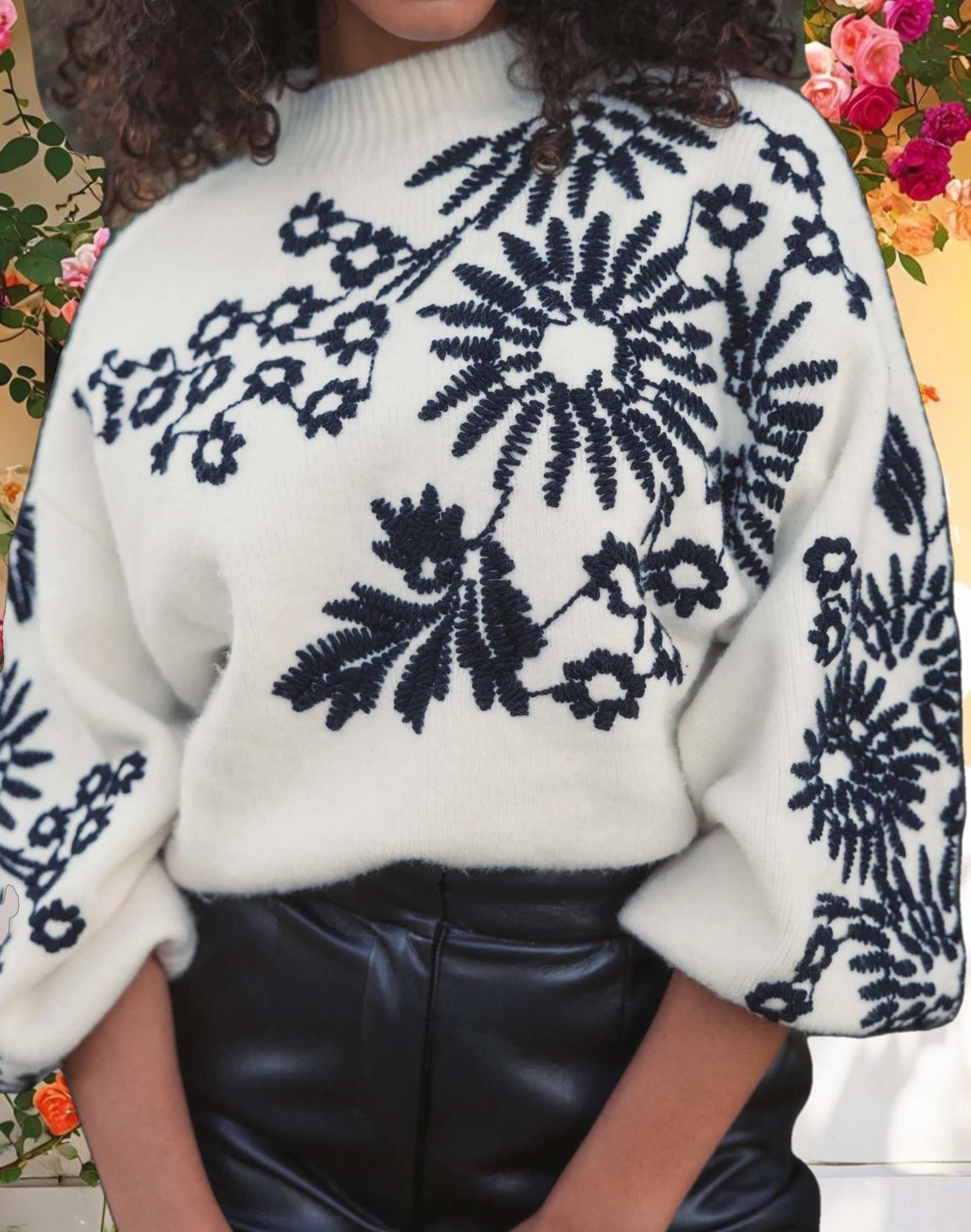 Balloon Sleeve Cropped Mock Neck Knit Sweater