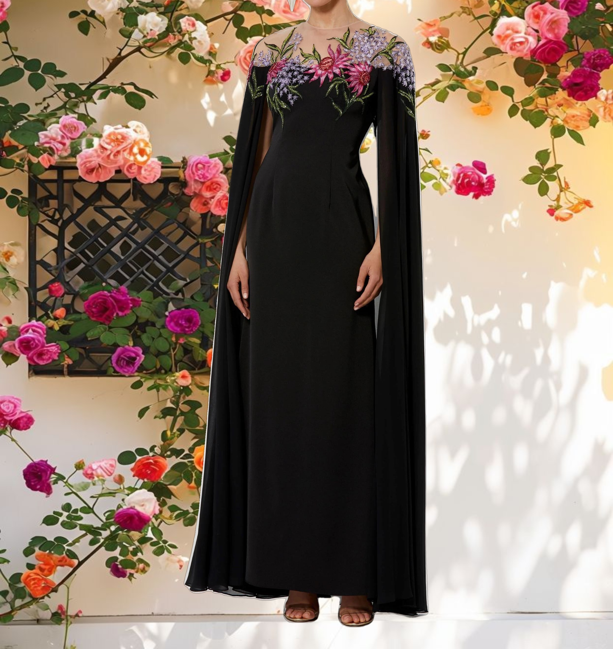 Black Sheer Cape Gown with Beaded Embroidery