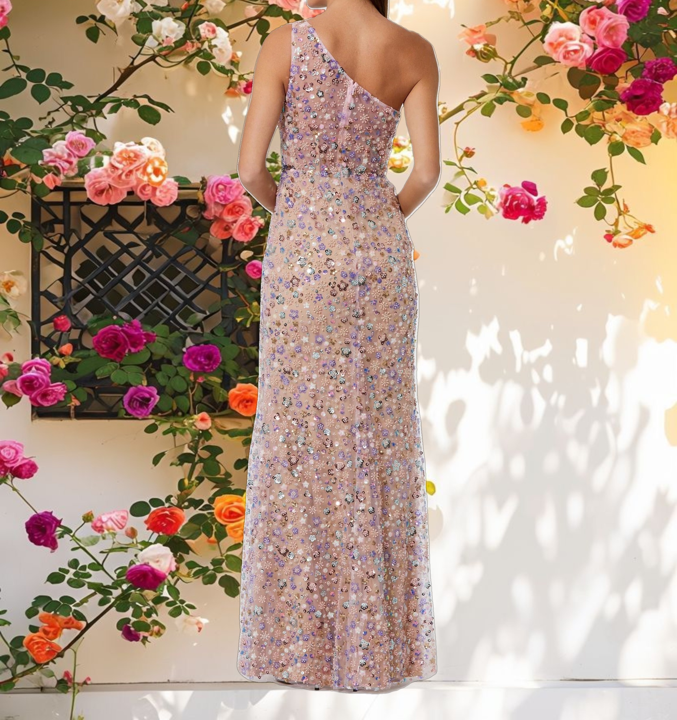 Floral Embellished One Shoulder Gown