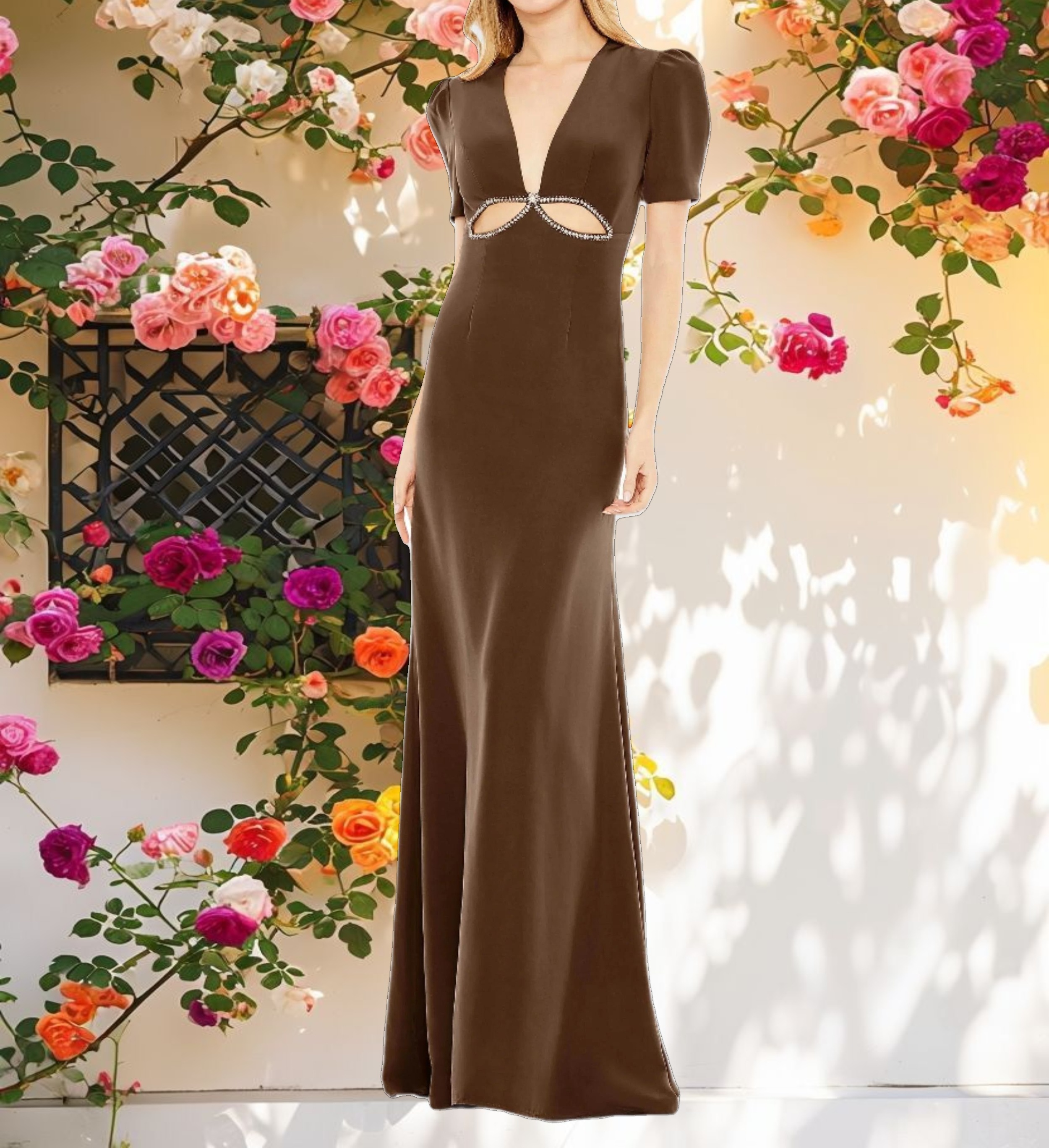 Brown Plunge Neck Puff Sleeve Cut Out Gown