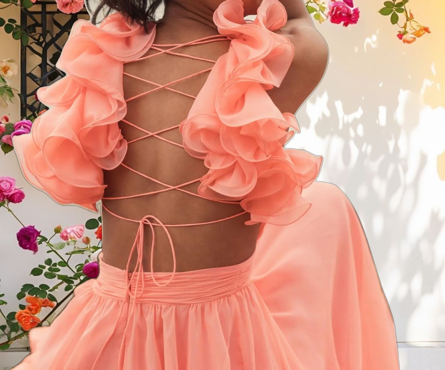 Ruffle Tiered Cut Out Chiffon Gown