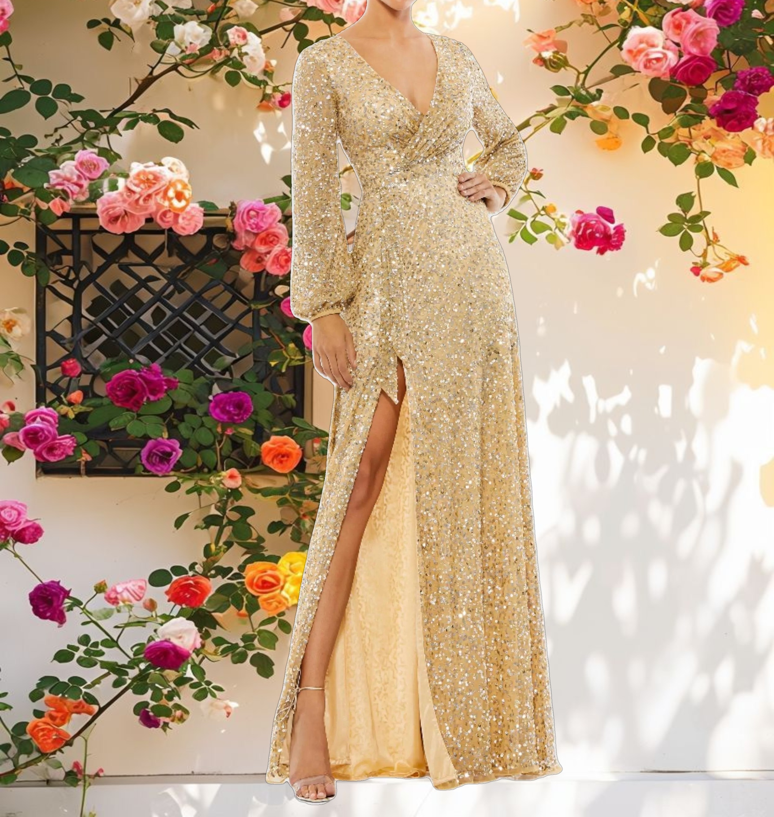 Multi Colored Sequin Long Sleeve Gown