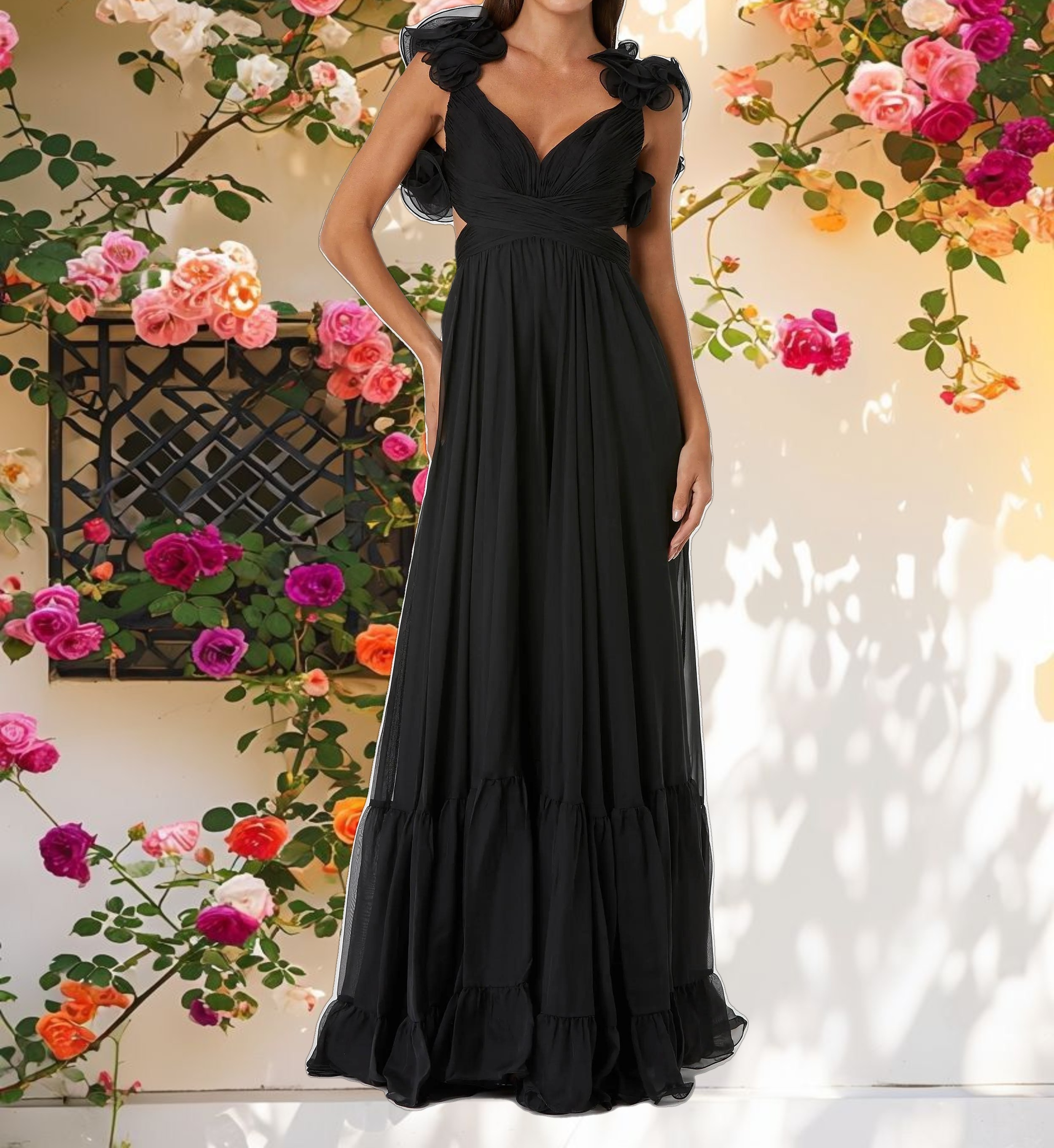 Ruffle Tiered Cut Out Chiffon Gown