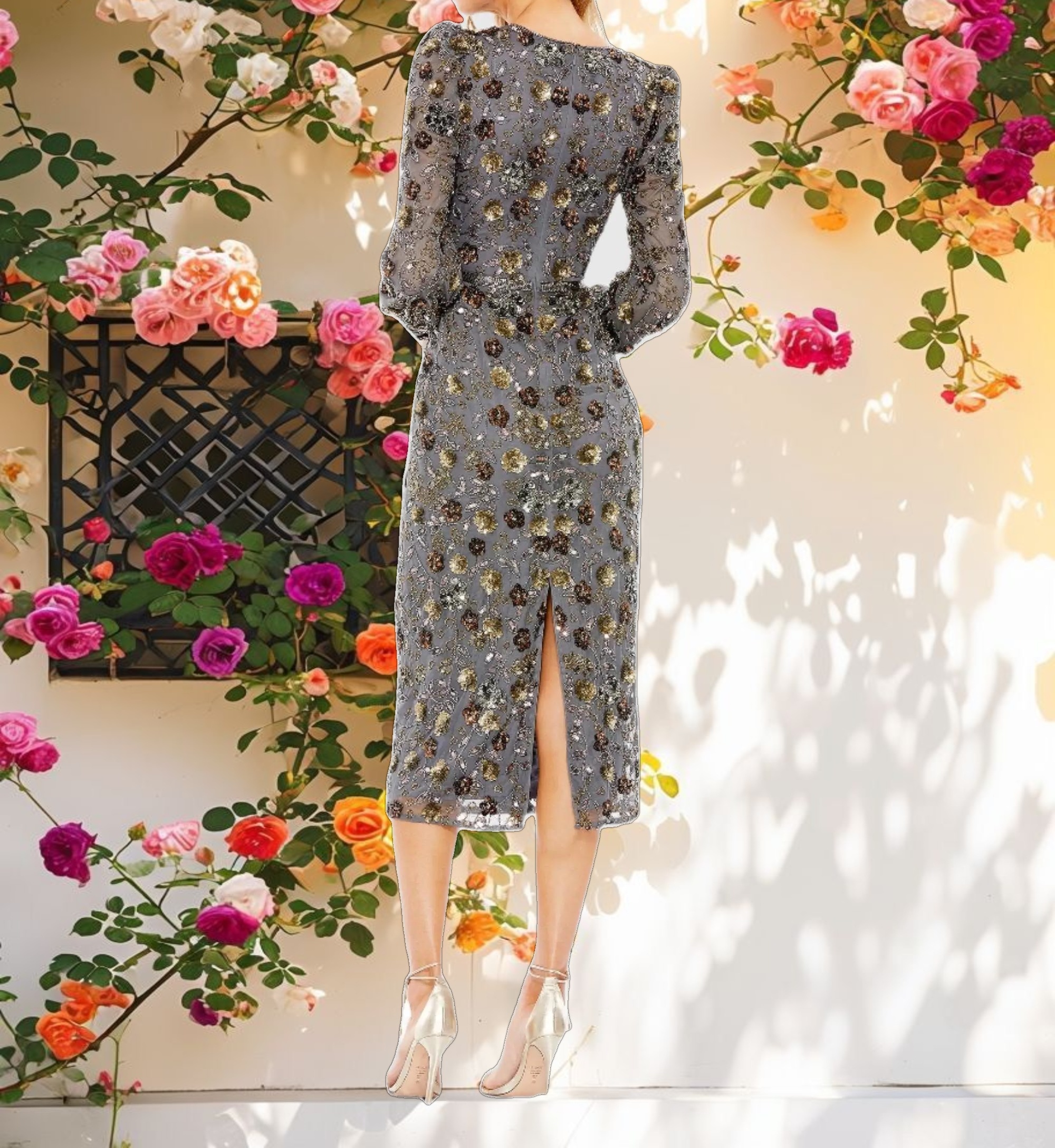 Gray Long Sleeve V Neck Midi Dress