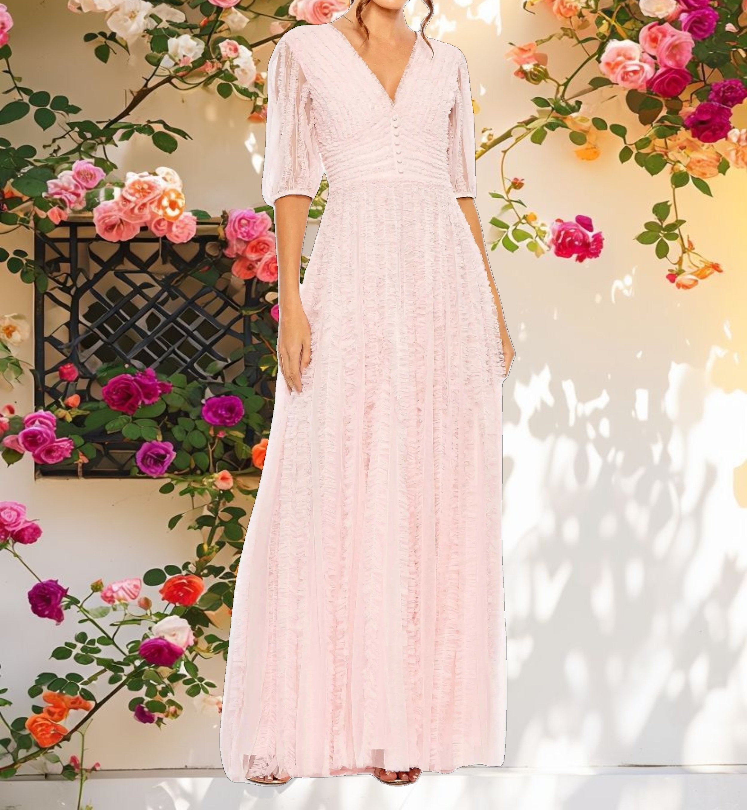 V Neck Puff Sleeve Ruffle Tiered A Line Gown