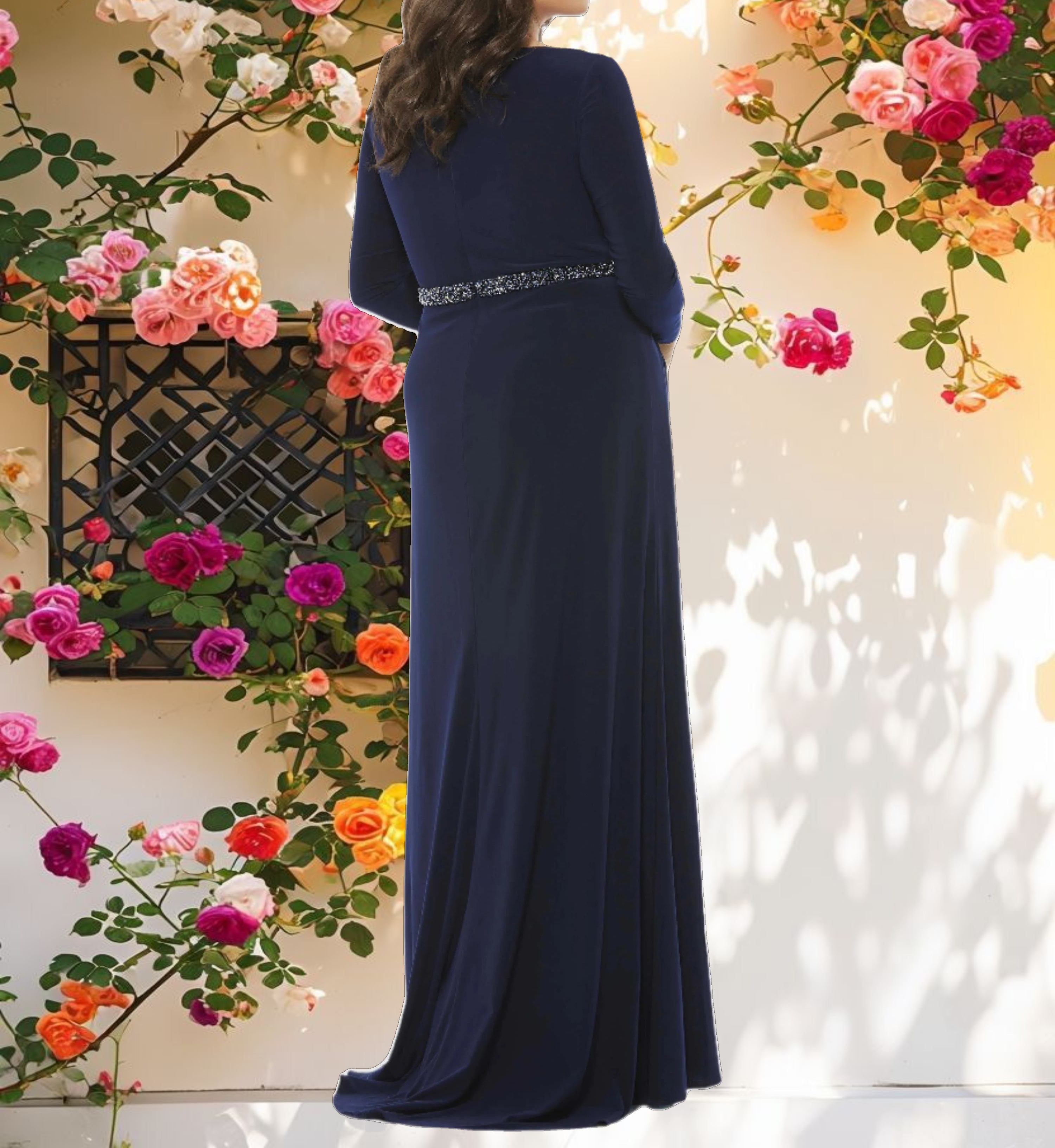 Blue Beaded Belt Jersey Faux Wrap Long Sleeve Gown