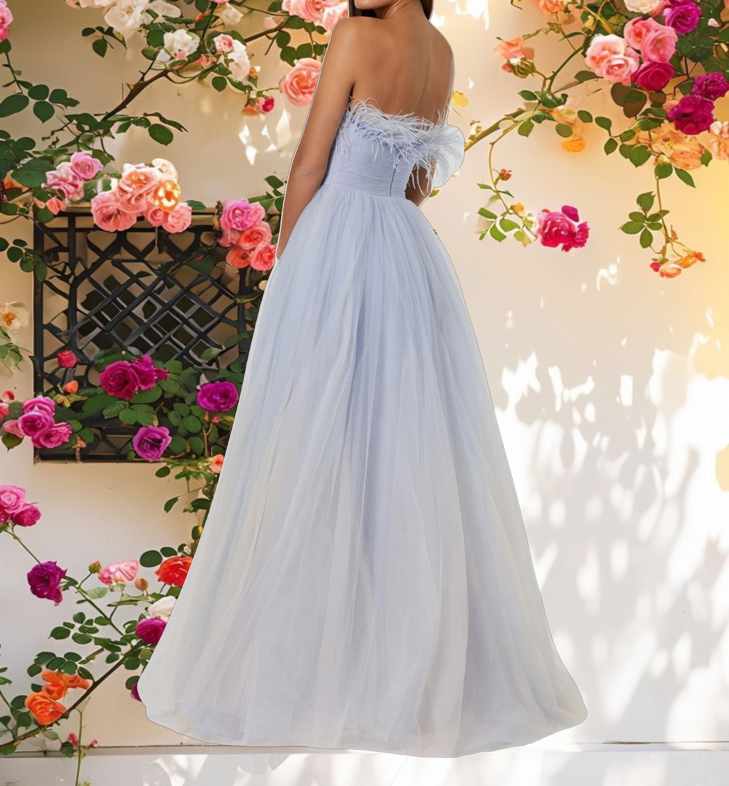 Blue Ombre Strapless Feather Bodice Tulle Gown