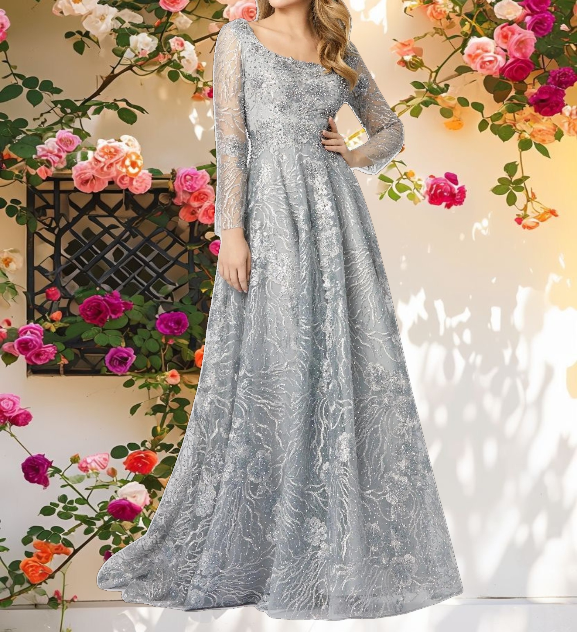 Gray Jewel Encrusted Long Sleeve Square Neck Gown