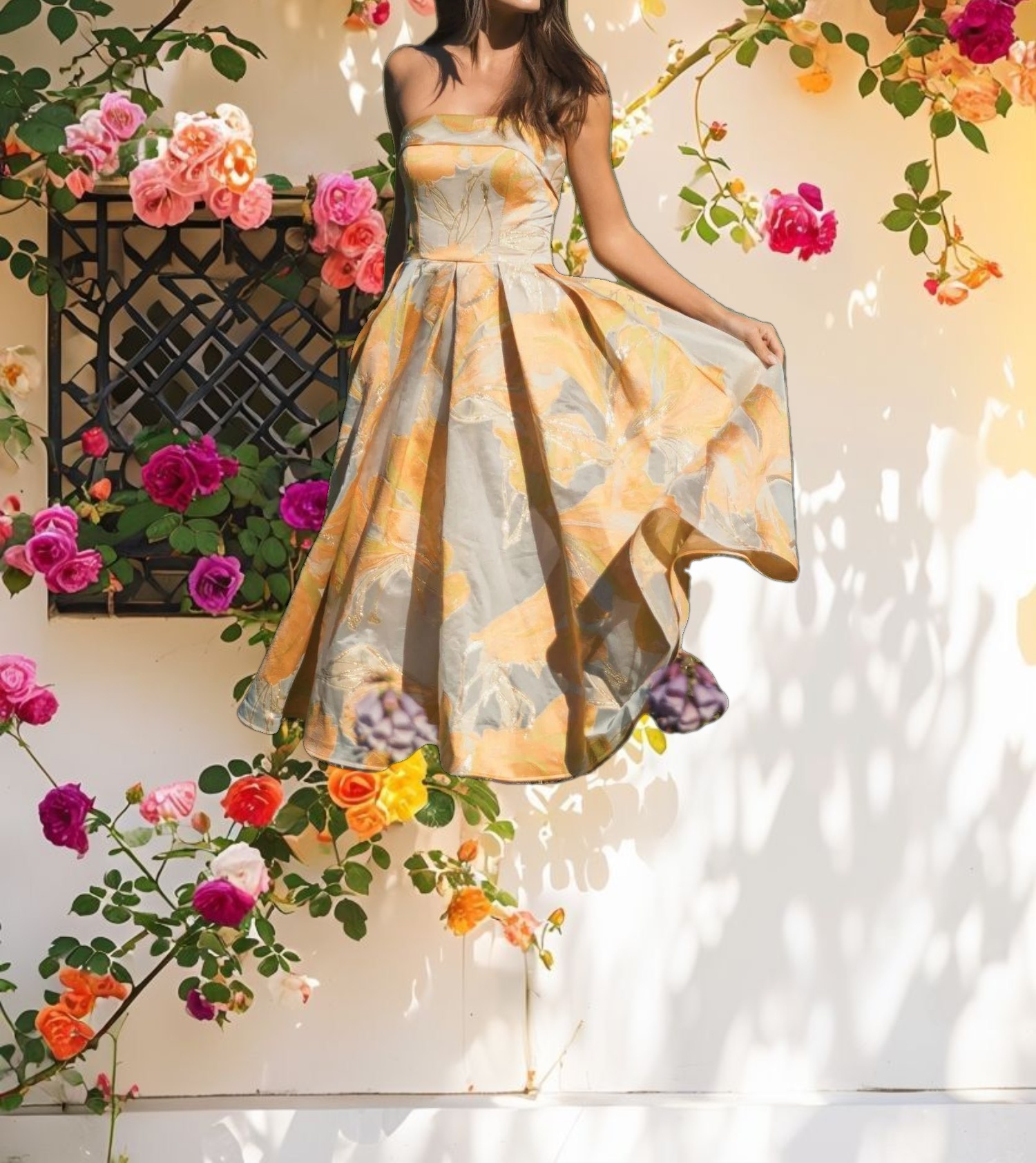 Beige and Orange Strapless Brocade Midi Dress with Pockets