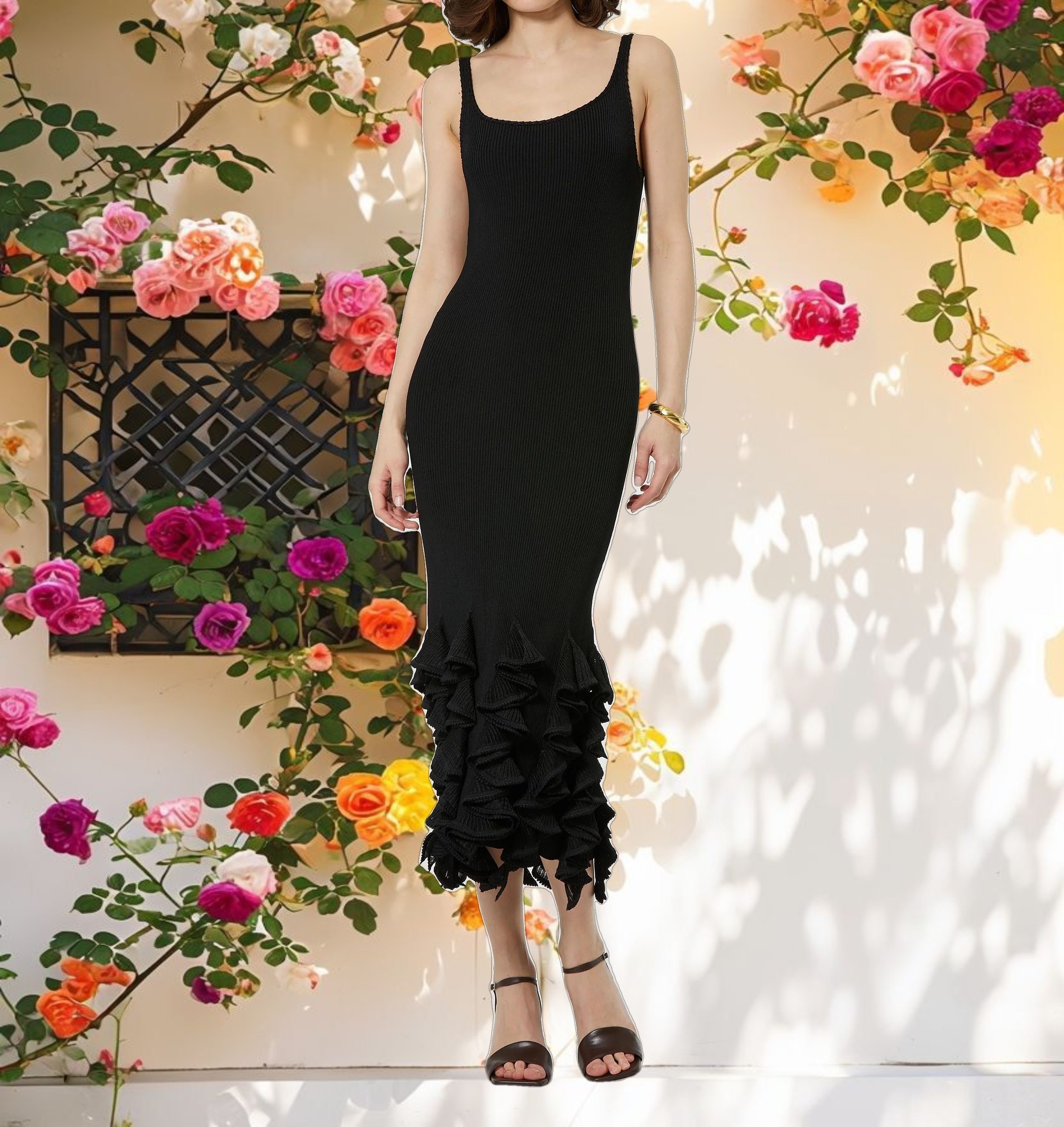 Black Rib Knit Sleeveless Midi Dress With Ruffle Hem