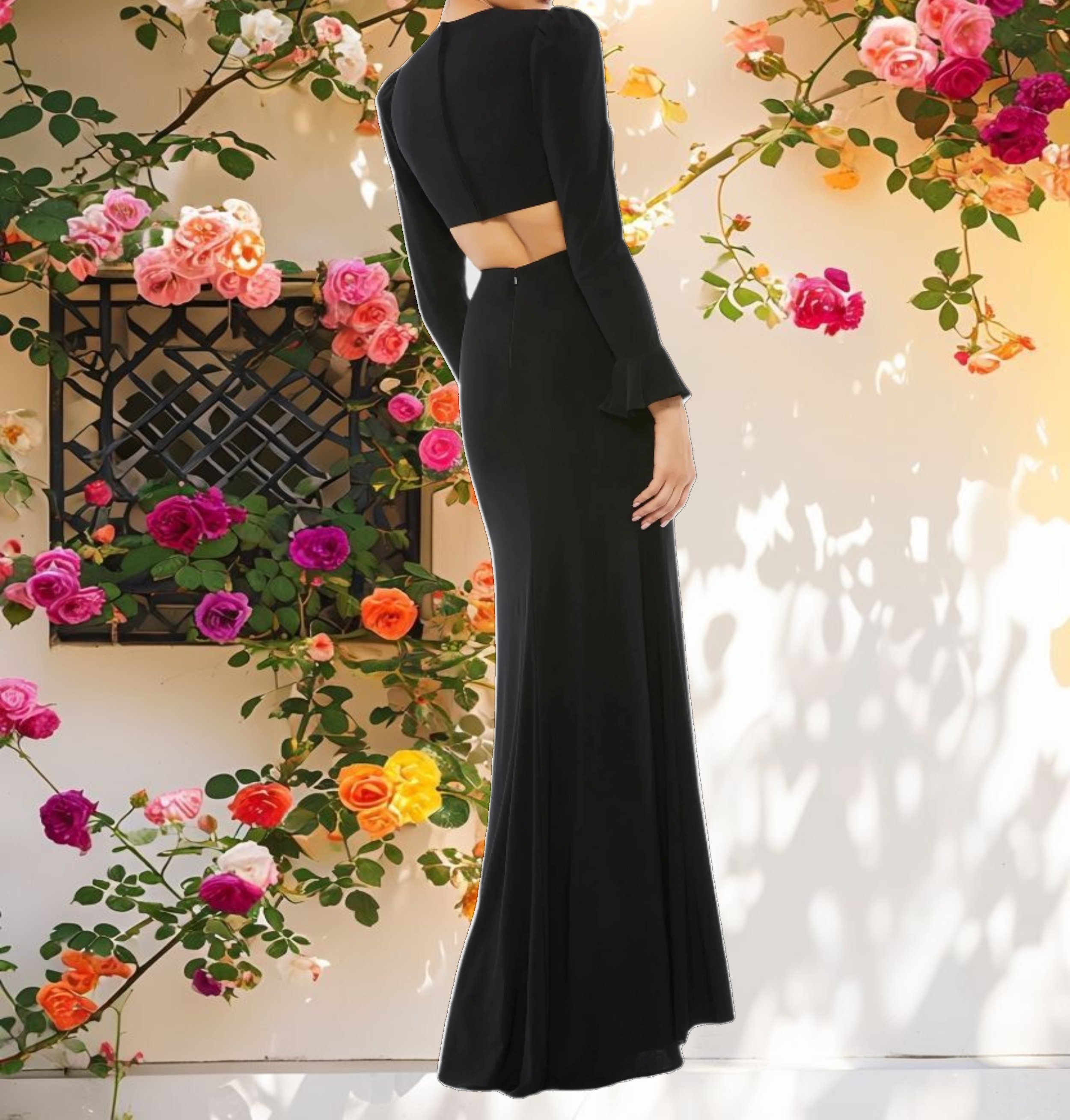 Black Long Sleeve Puff Shoulder Cut Out Gown