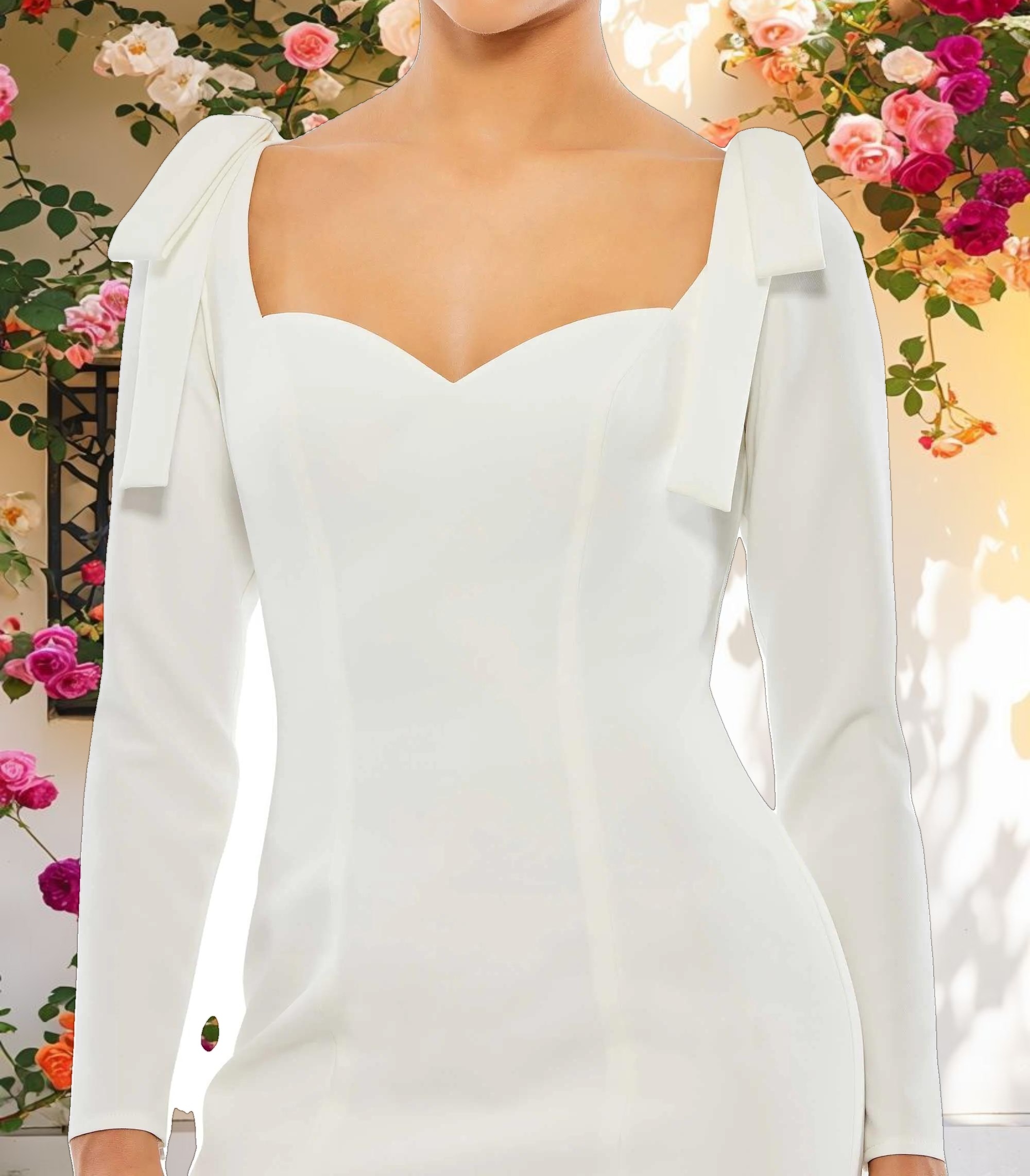 White Bow Shoulder Long Sleeve Sweetheart Fitted Mini Dress