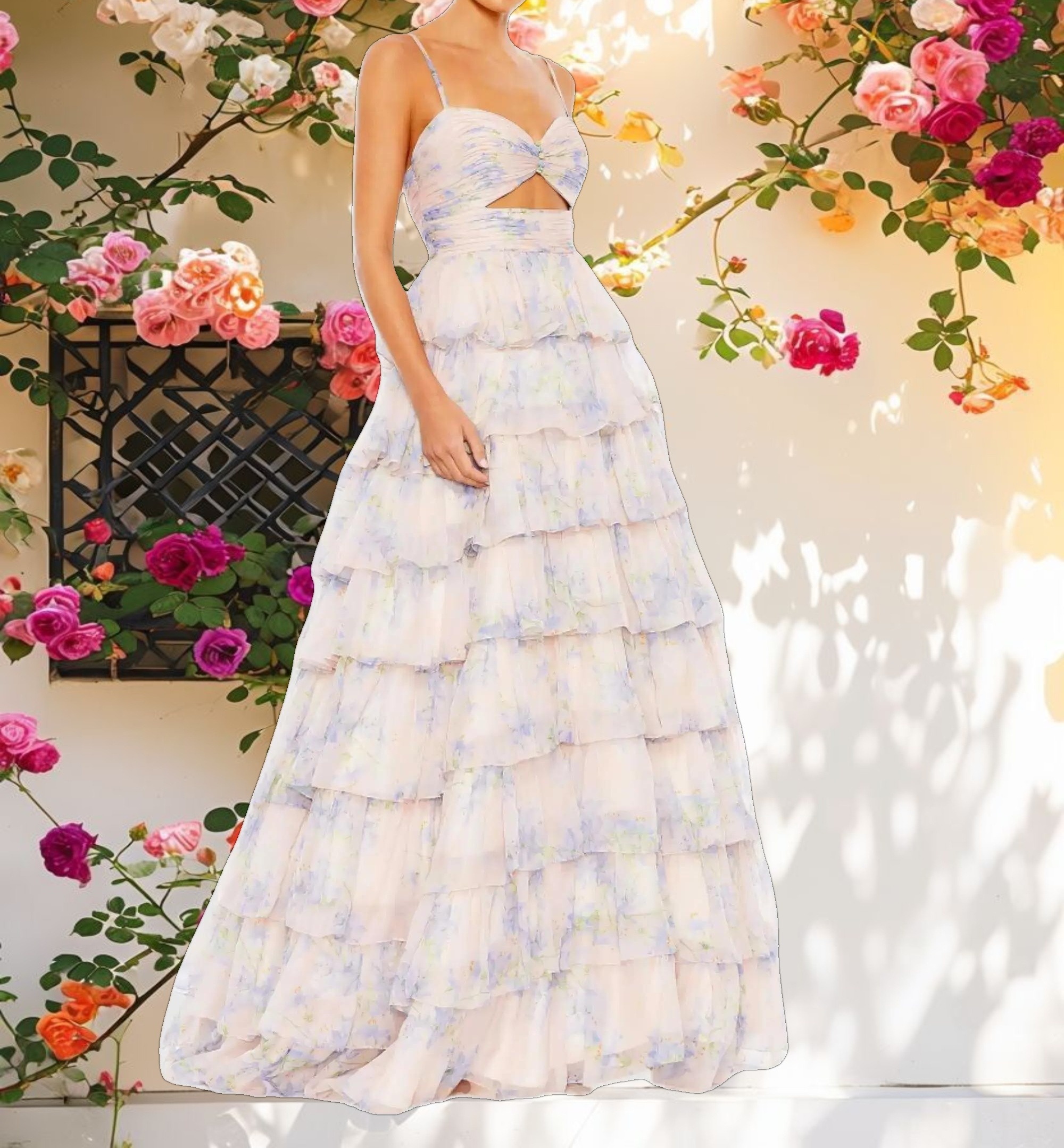 Pink Floral Cut Out Ruffle Layered Dress