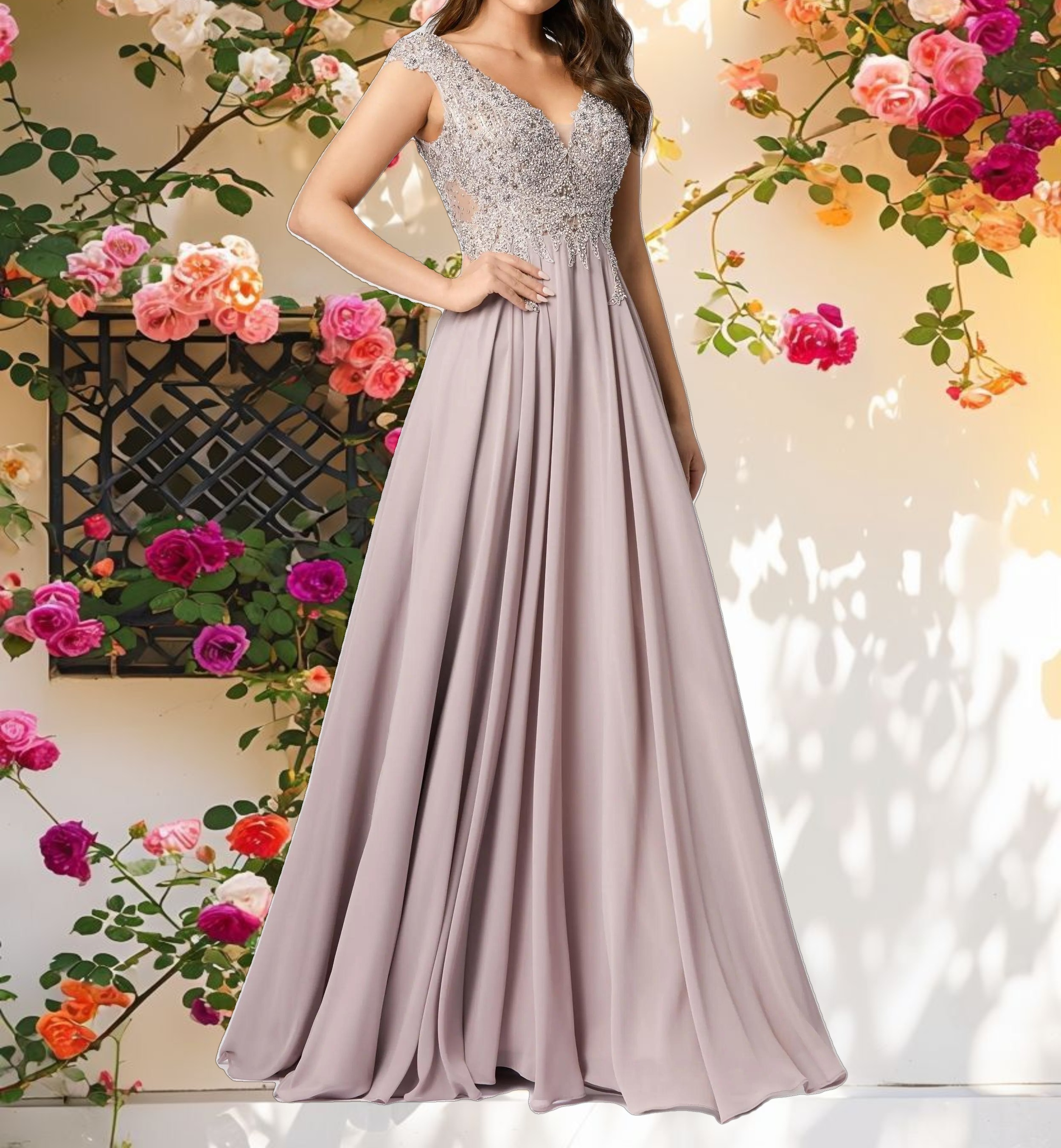 Purple Applique Cap Sleeve Bodice Gown