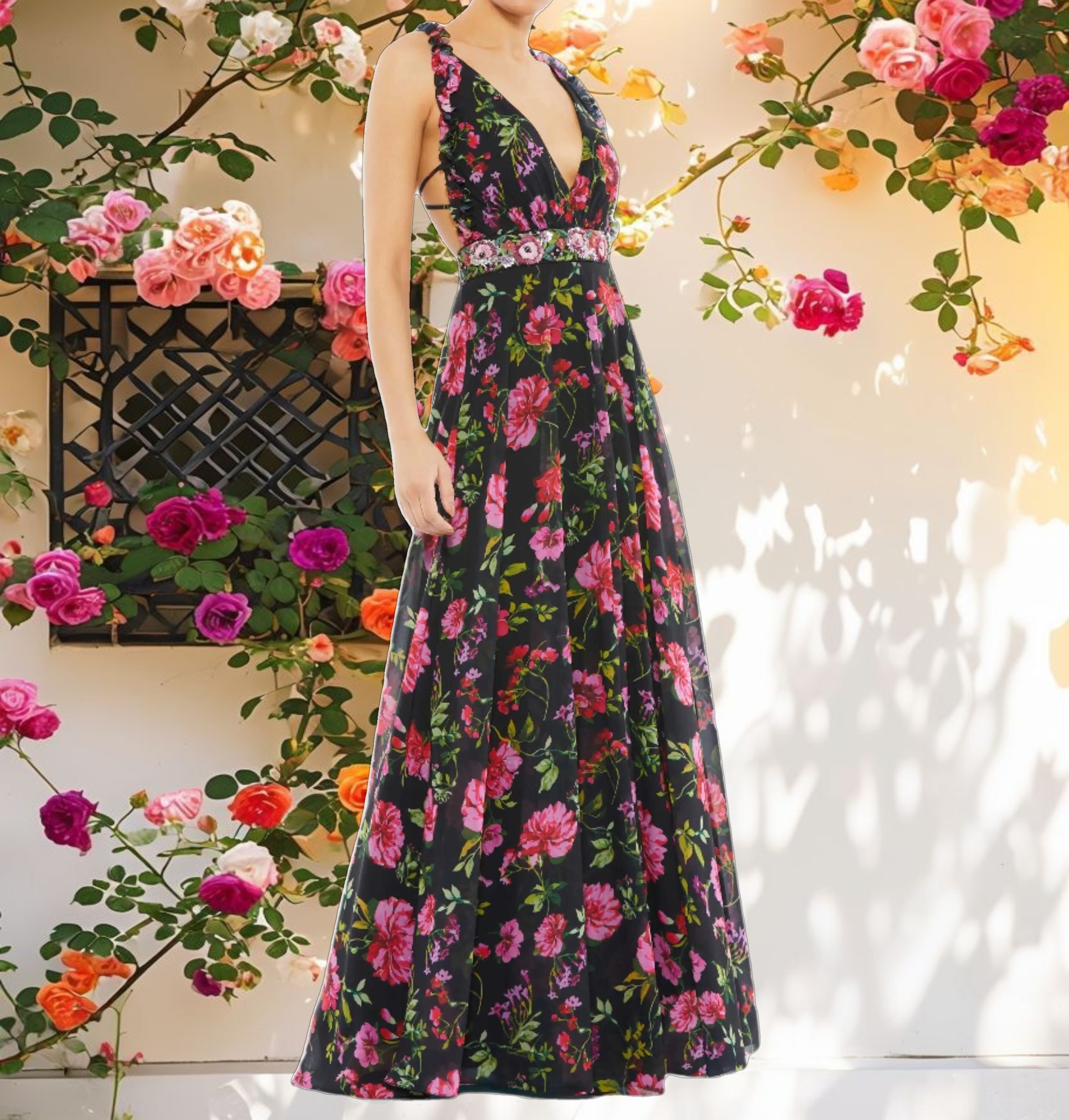 Black Embellished Belt Ruffled Halter Strap Gown